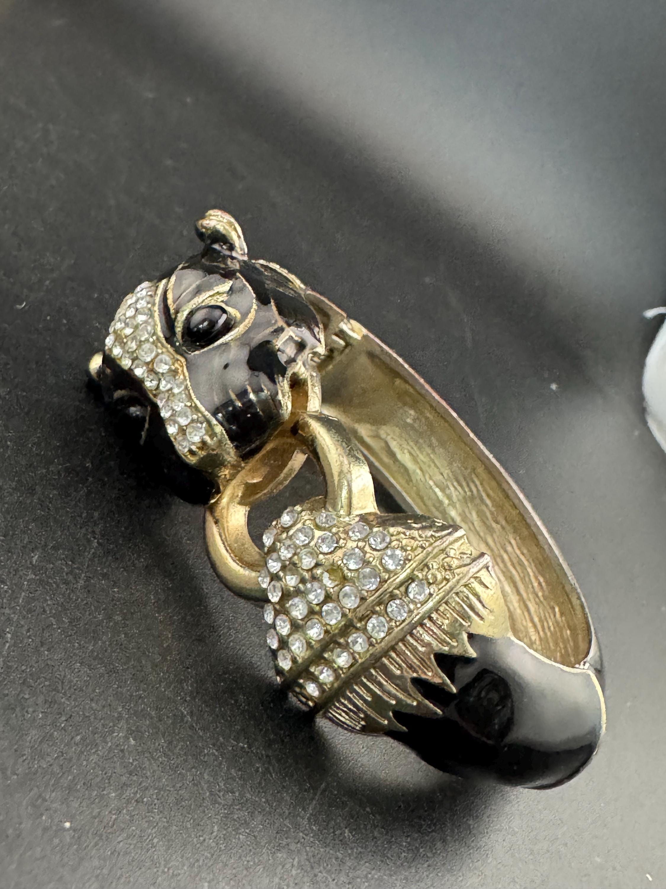 Wounded Vintage 80s Black enamel BIG CAT diamanté clamper bangle see notes
