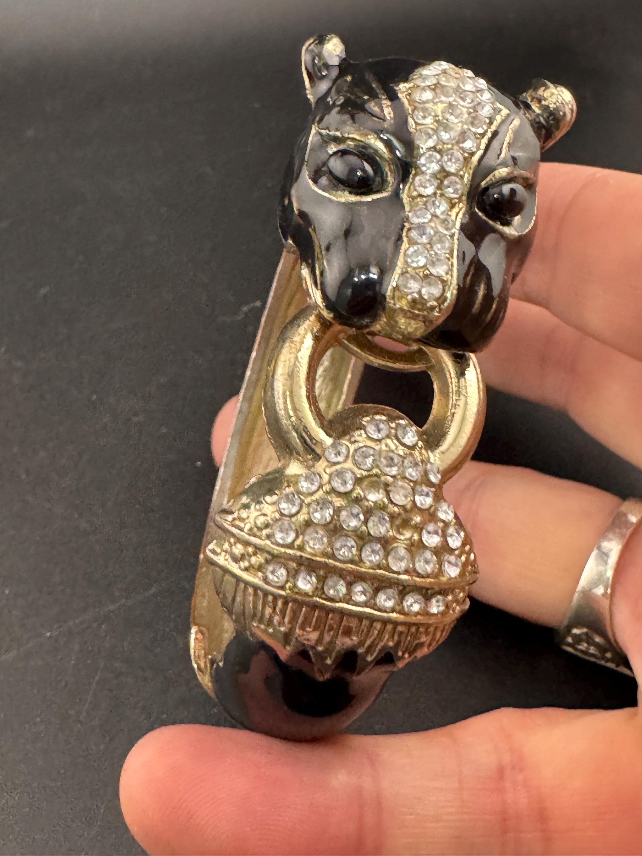 Wounded Vintage 80s Black enamel BIG CAT diamanté clamper bangle see notes