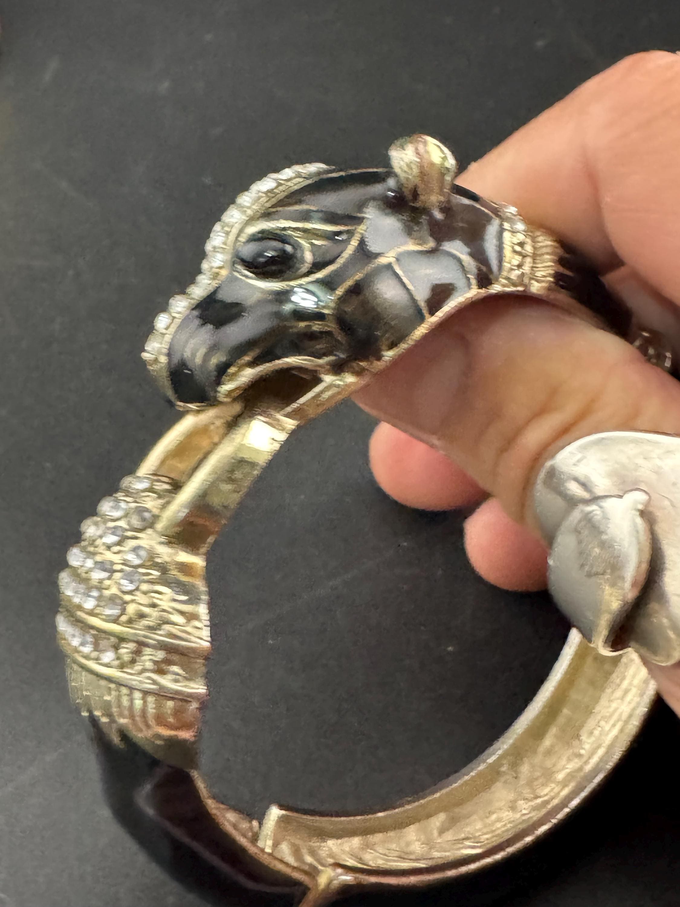 Wounded Vintage 80s Black enamel BIG CAT diamanté clamper bangle see notes