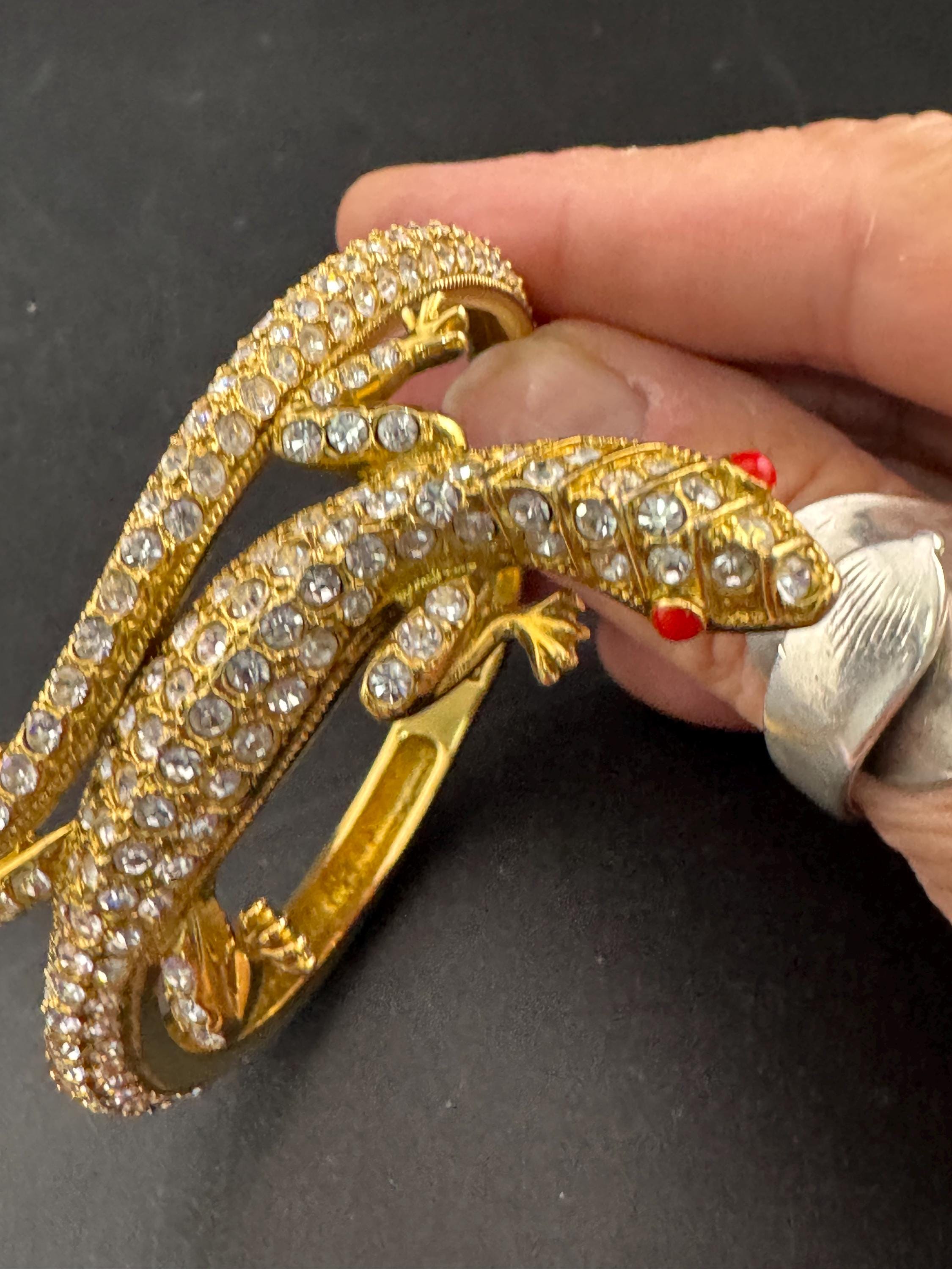 Vintage clear rhinestone encrusted lizard clamper Bangle bracelet with red beaded eyes