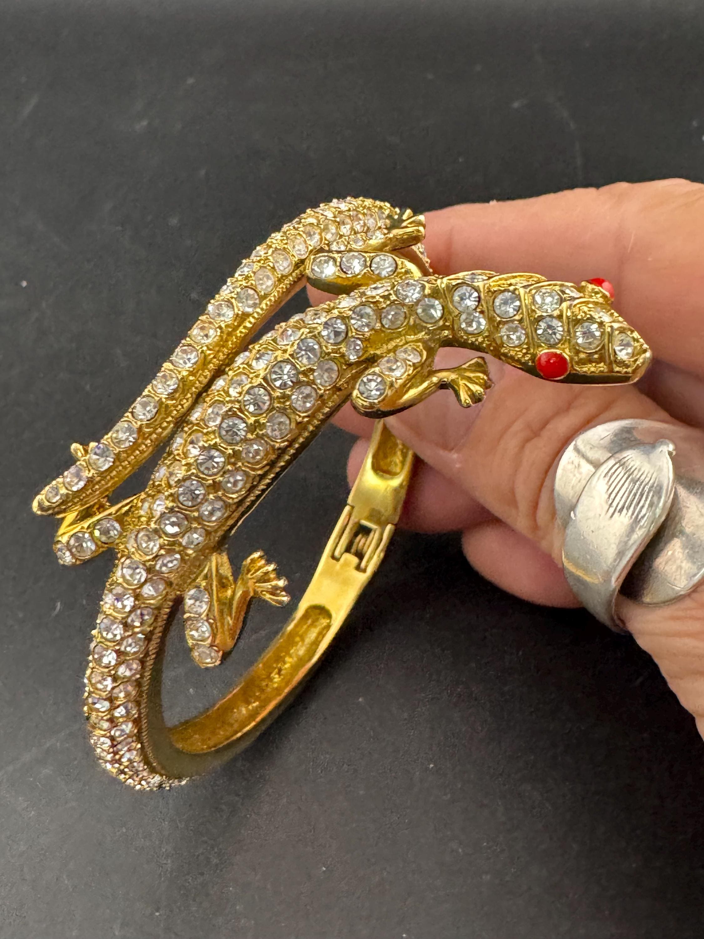 Vintage clear rhinestone encrusted lizard clamper Bangle bracelet with red beaded eyes