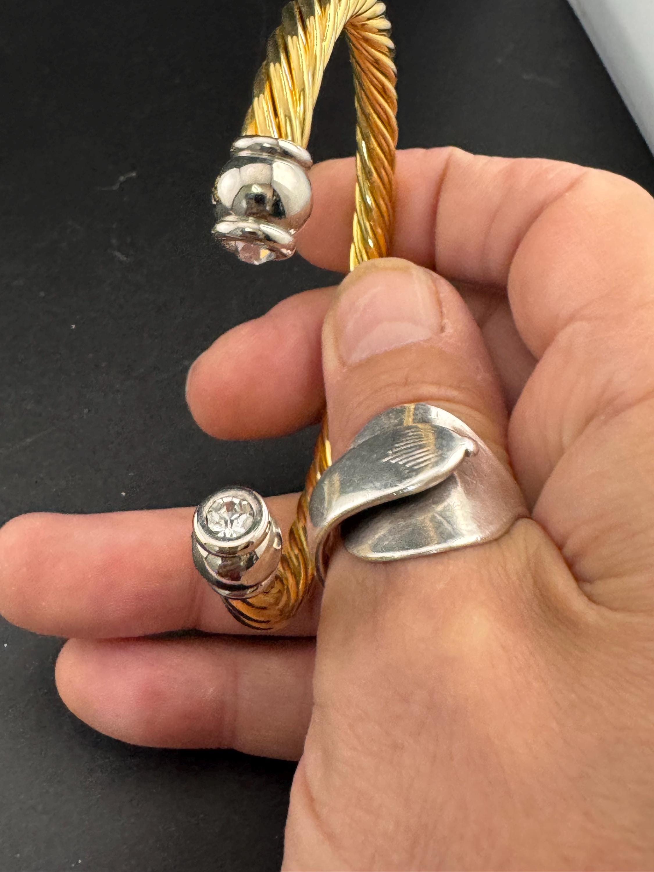 Retro high end clear crystal ended torque bangle Etruscan style, gold and silver tone