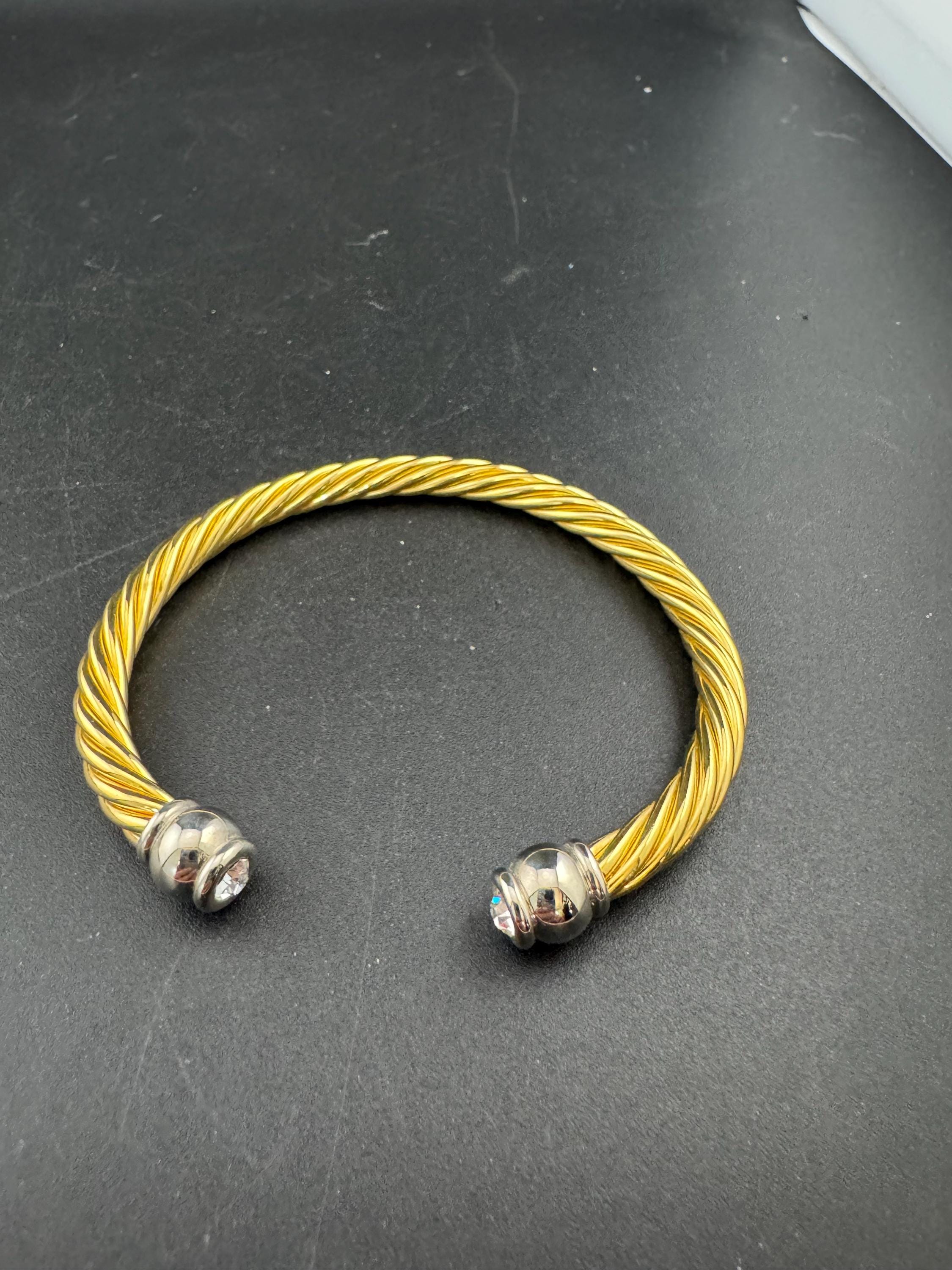Retro high end clear crystal ended torque bangle Etruscan style, gold and silver tone