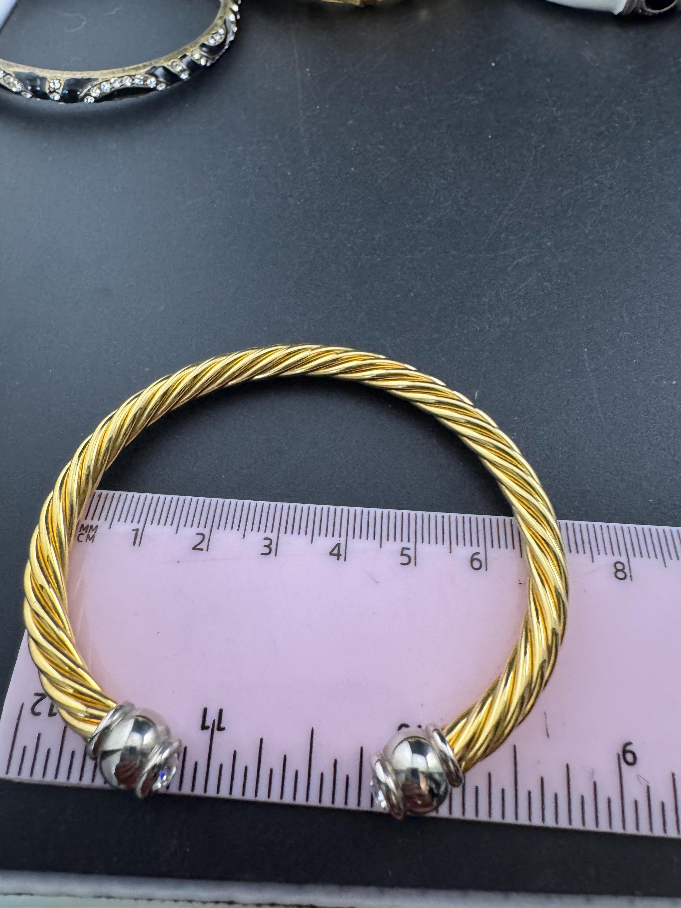 Retro high end clear crystal ended torque bangle Etruscan style, gold and silver tone