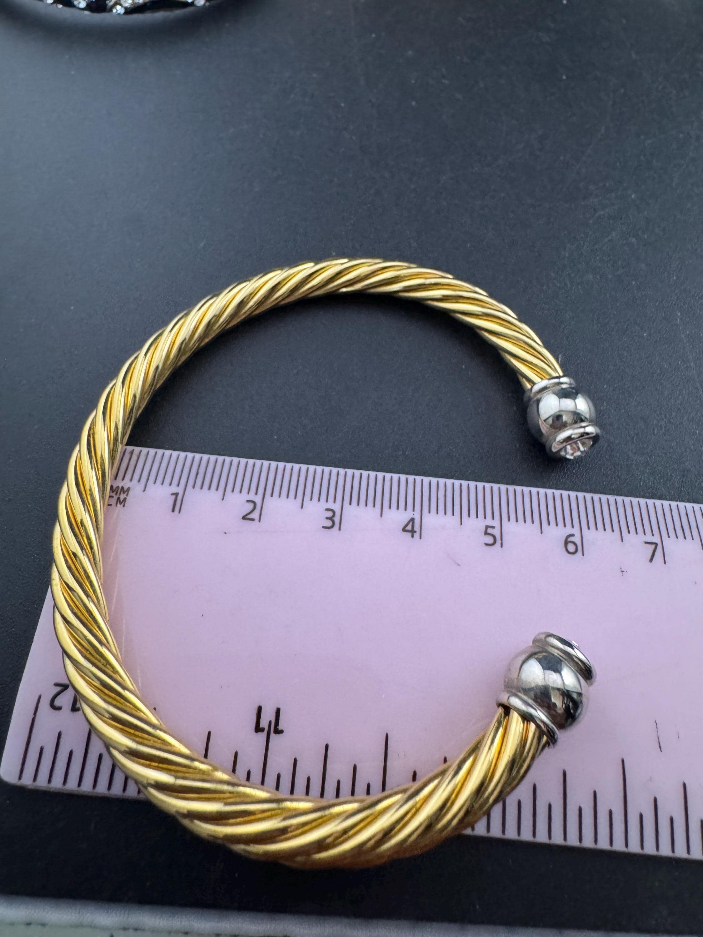 Retro high end clear crystal ended torque bangle Etruscan style, gold and silver tone