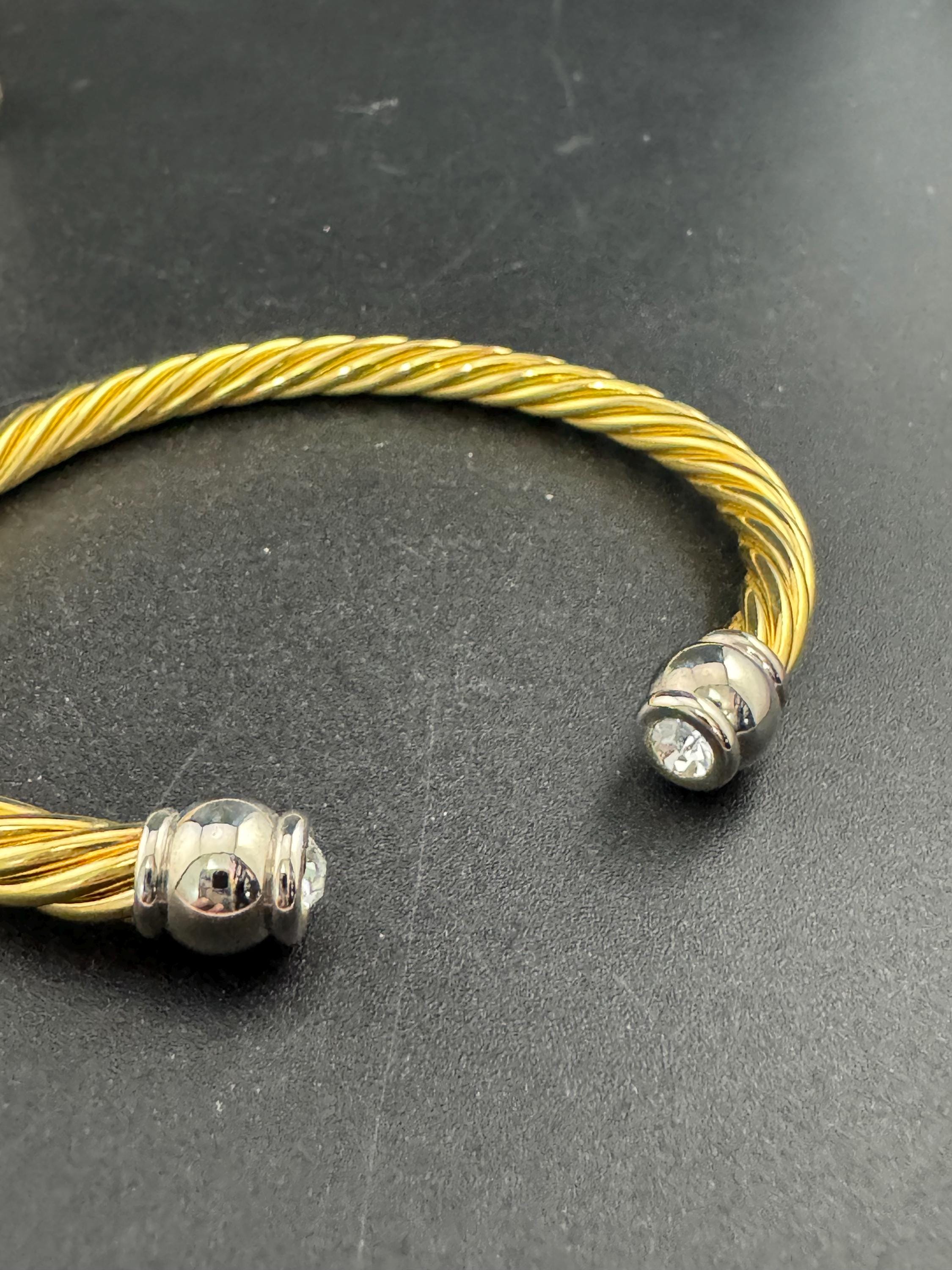 Retro high end clear crystal ended torque bangle Etruscan style, gold and silver tone