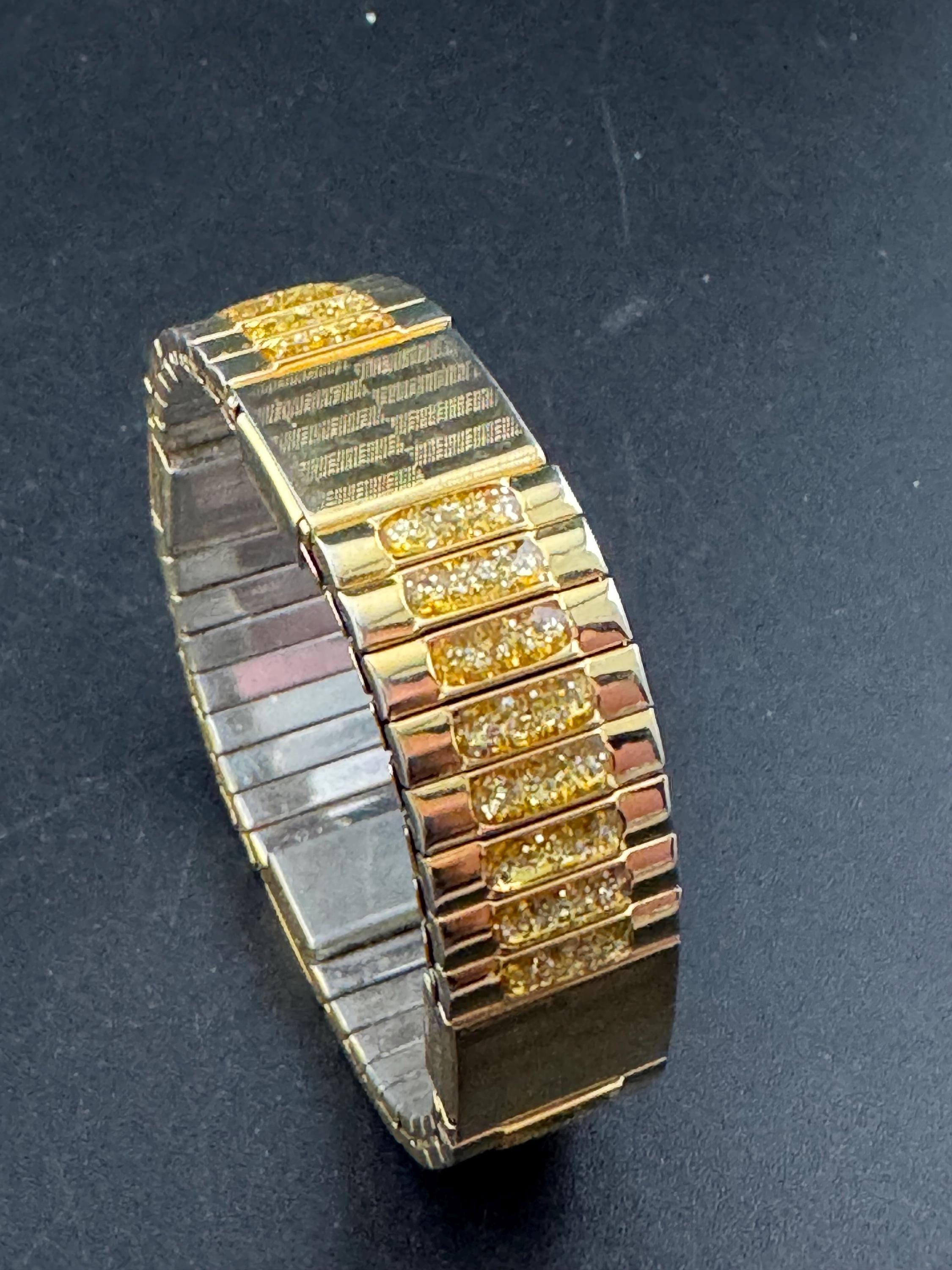 Vintage engine turned gold tone glittery stretchy wide watch strap cuff Bracelet