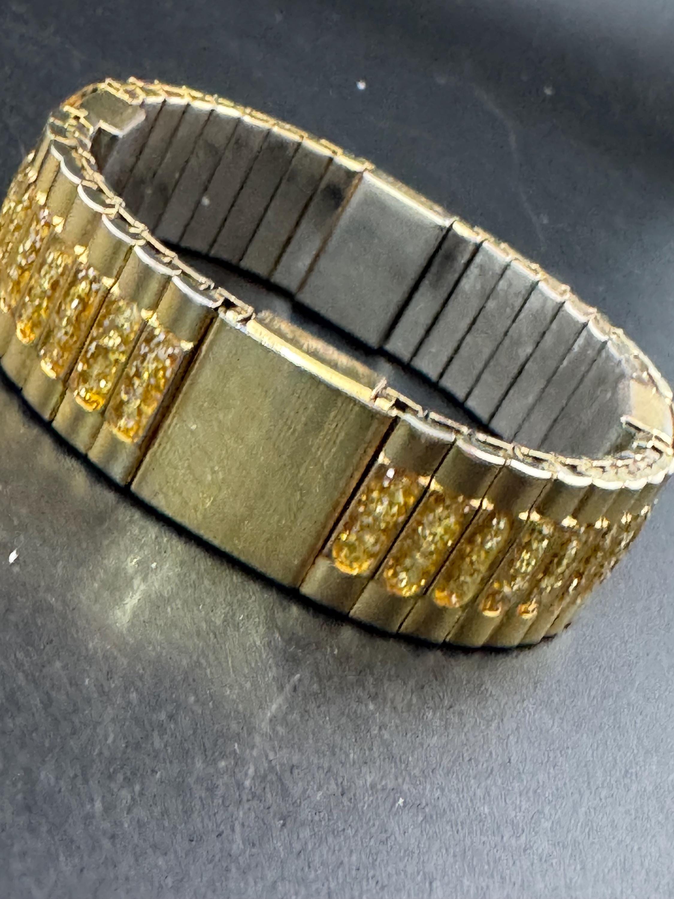 Vintage engine turned gold tone glittery stretchy wide watch strap cuff Bracelet