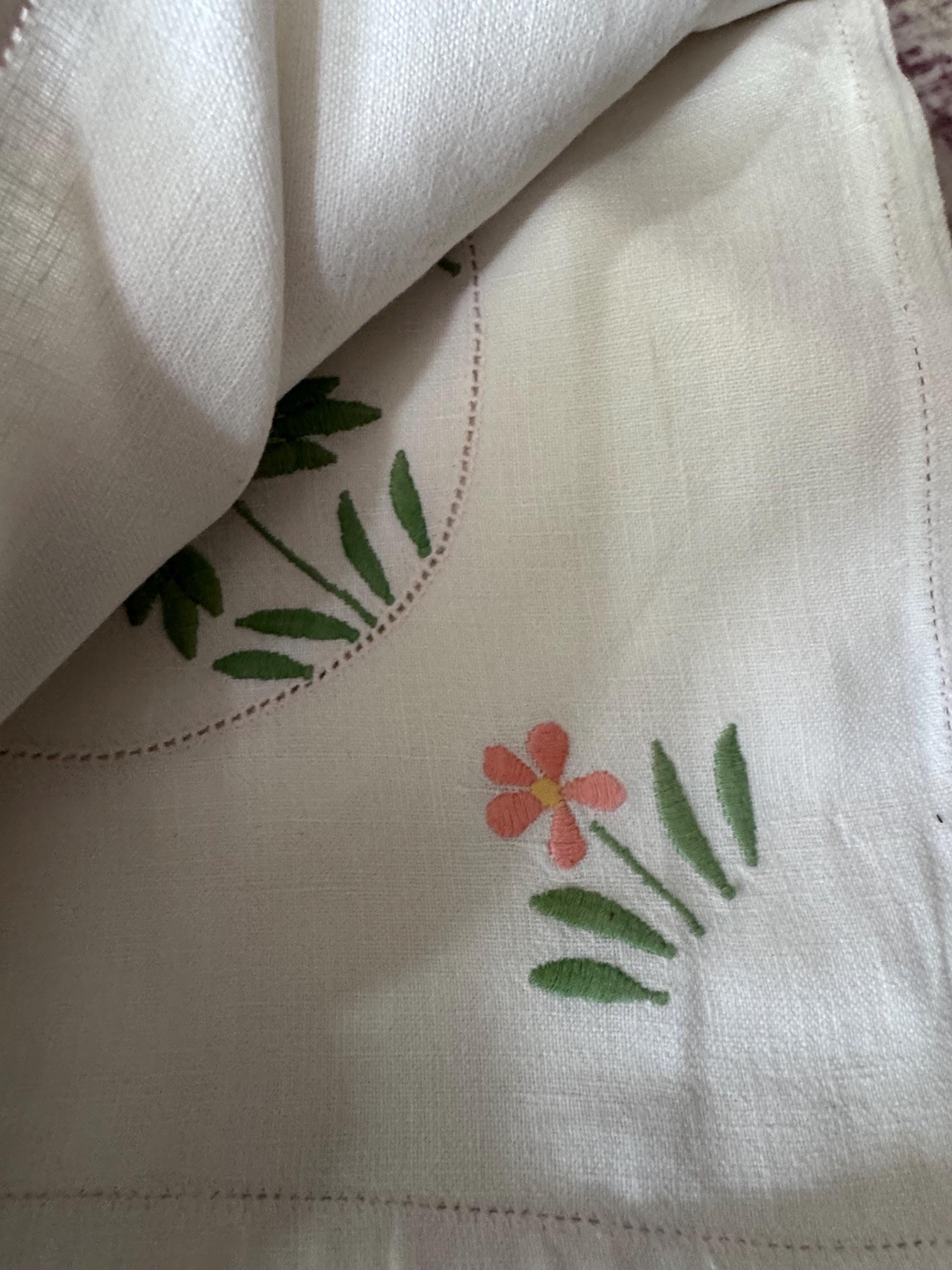 vintage 85cm square embroidered tablecloth , mid century tablecloths with orange green embroidery