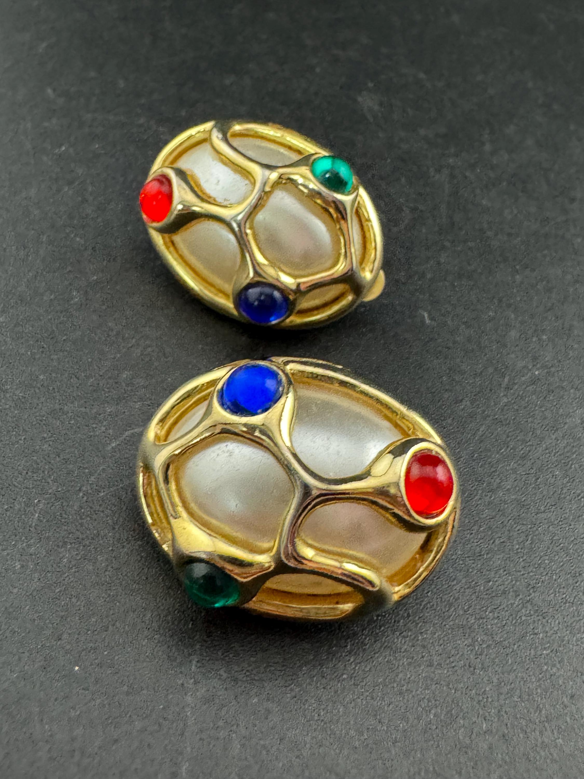 Vintage Gripoix Style Clip On Earrings: Red, Green, Blue Cabochons