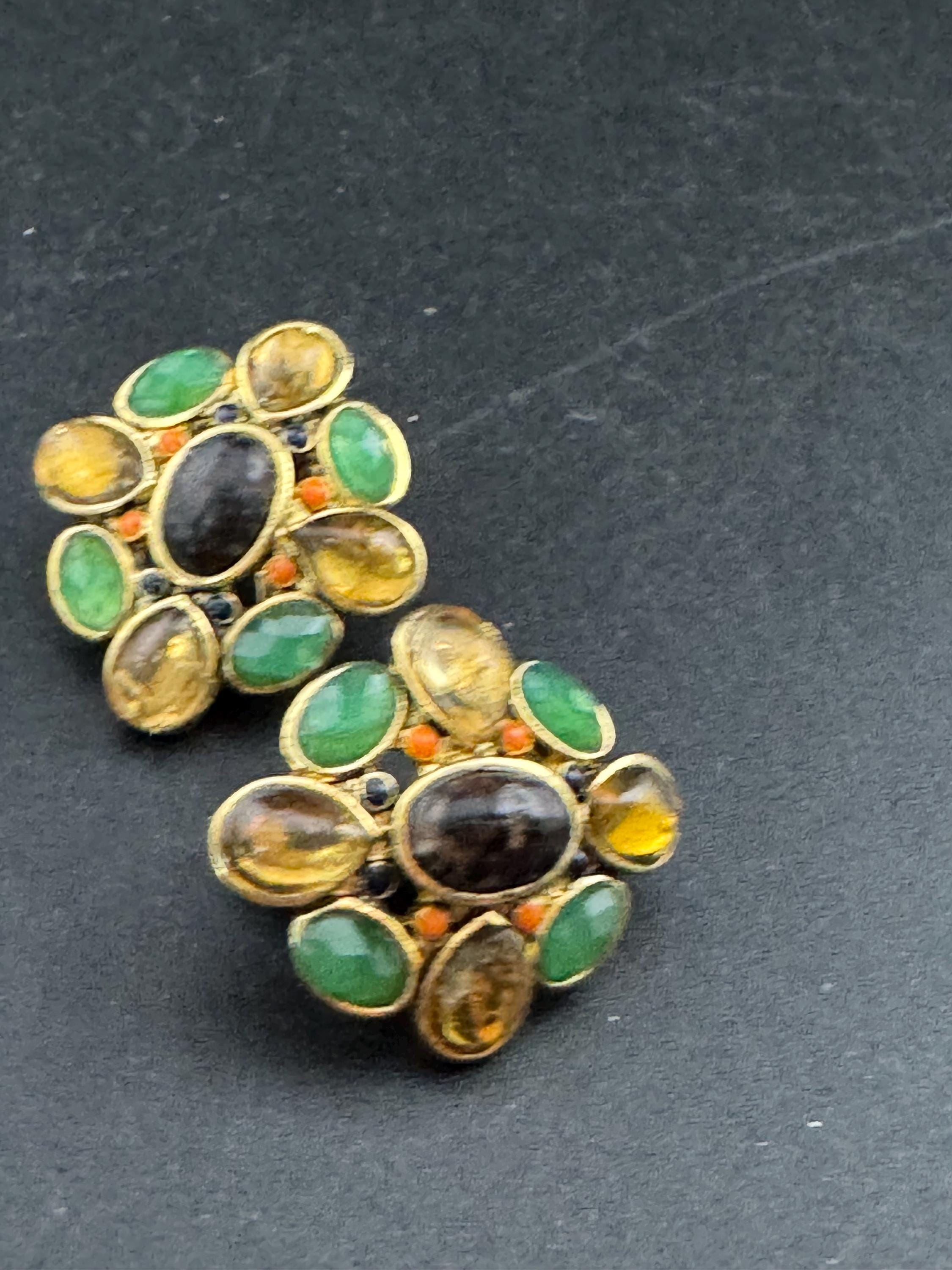 Signed MONET Vintage Gold tone green amber and black cabochon set clip on earrings
