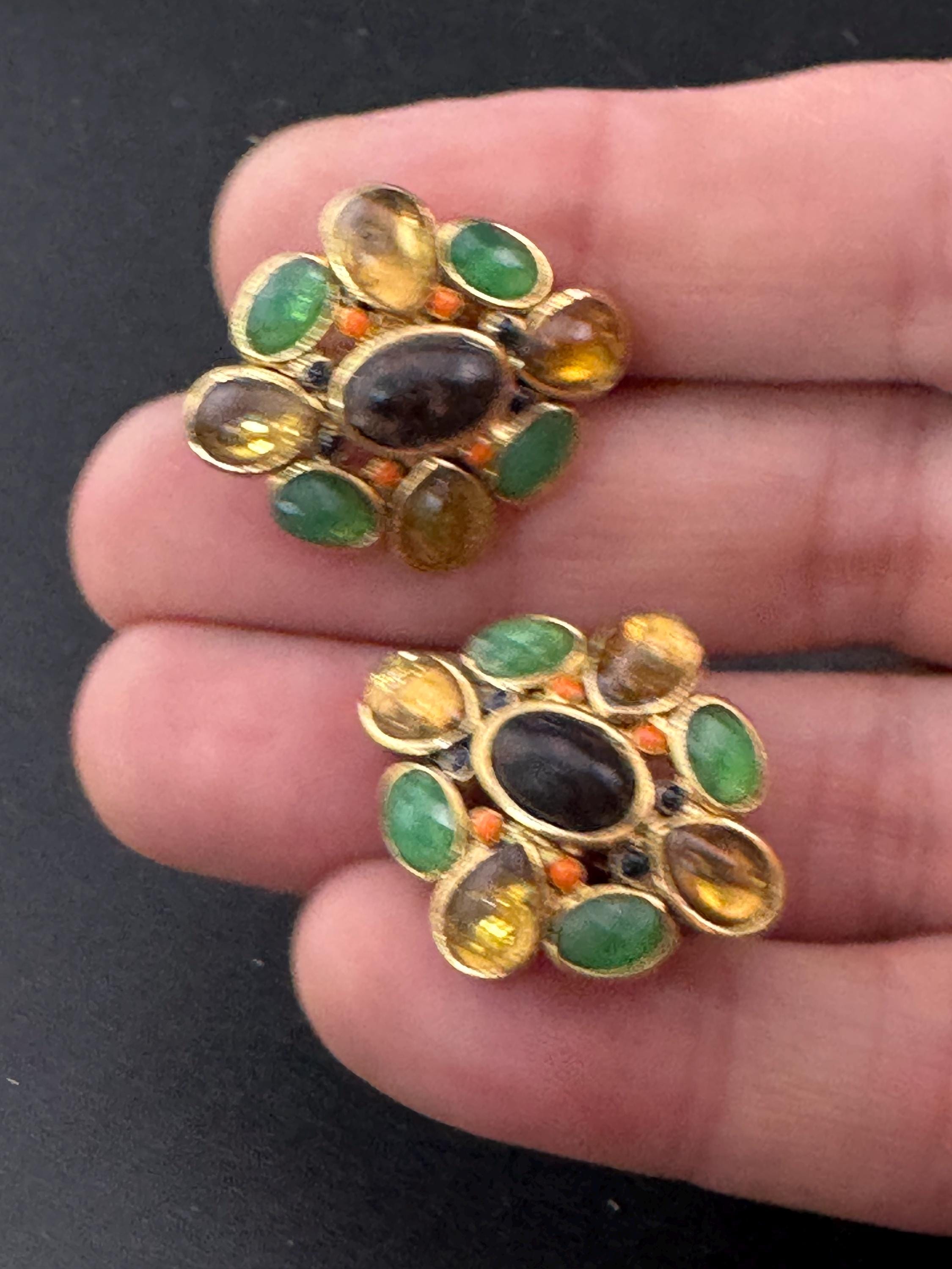 Signed MONET Vintage Gold tone green amber and black cabochon set clip on earrings