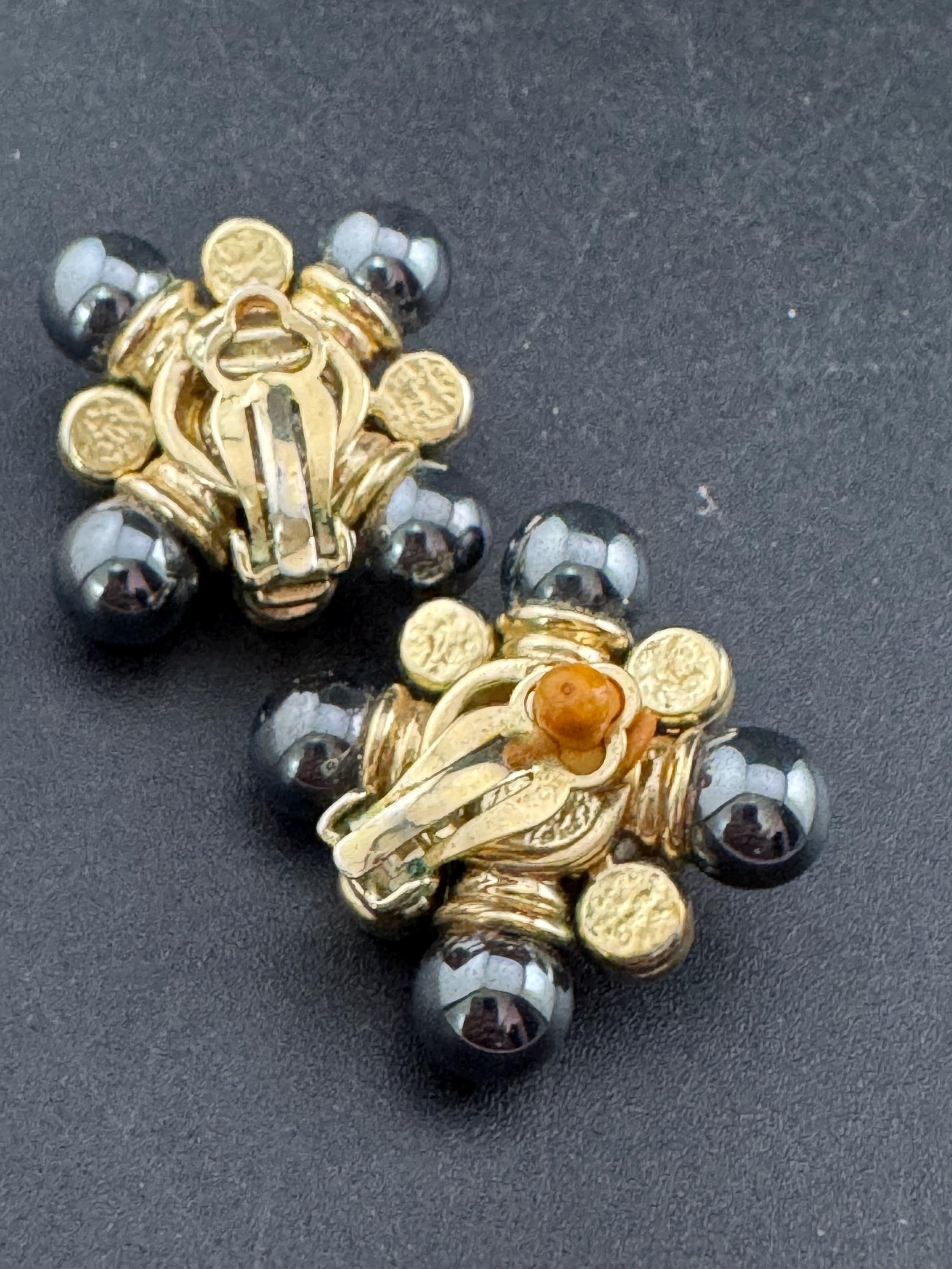 Vintage 1980s Cross Clip On Earrings: Grey Pearl, Red Cabochon, Diamanté, Gold Plated