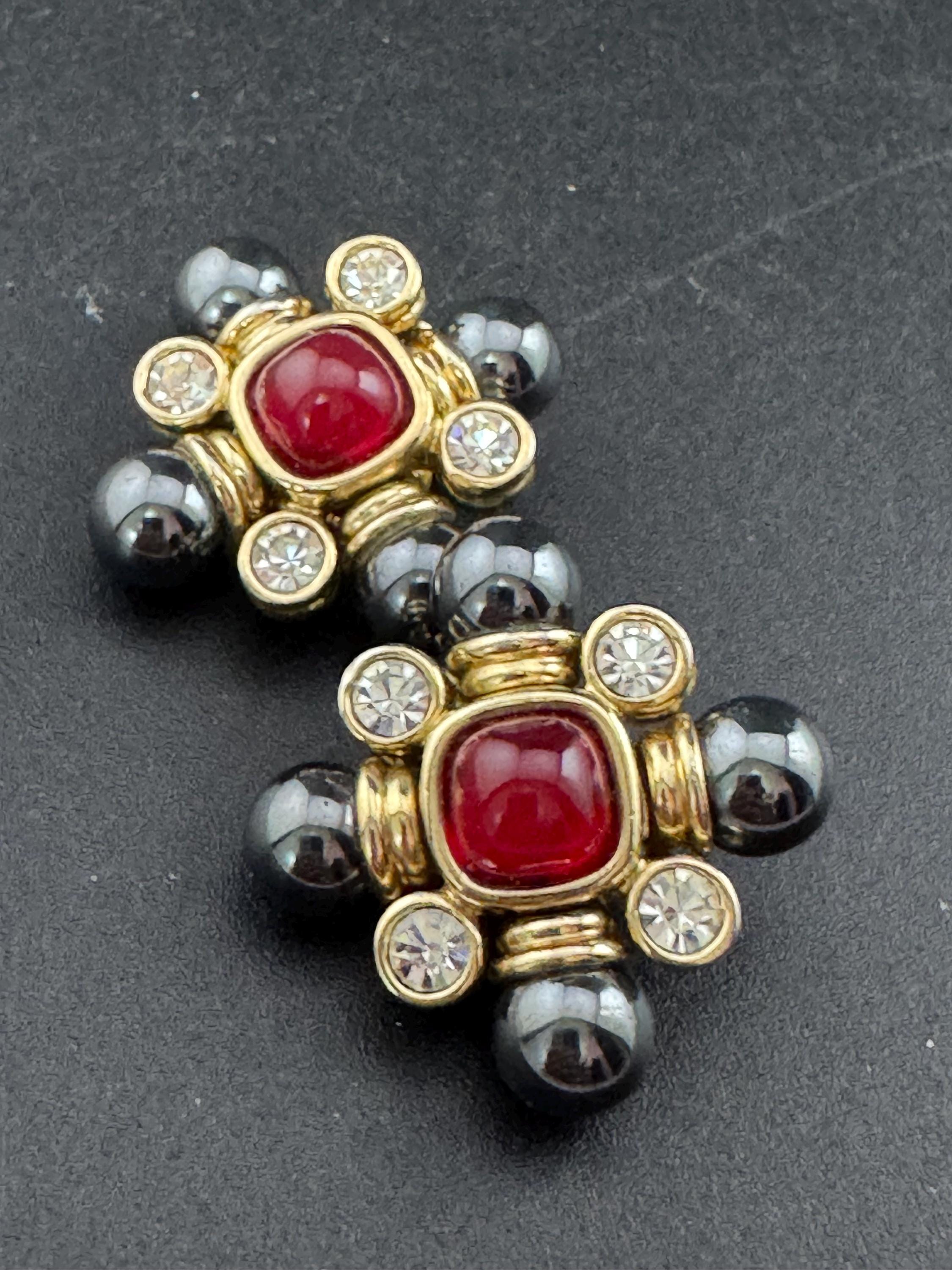 Vintage 1980s Cross Clip On Earrings: Grey Pearl, Red Cabochon, Diamanté, Gold Plated