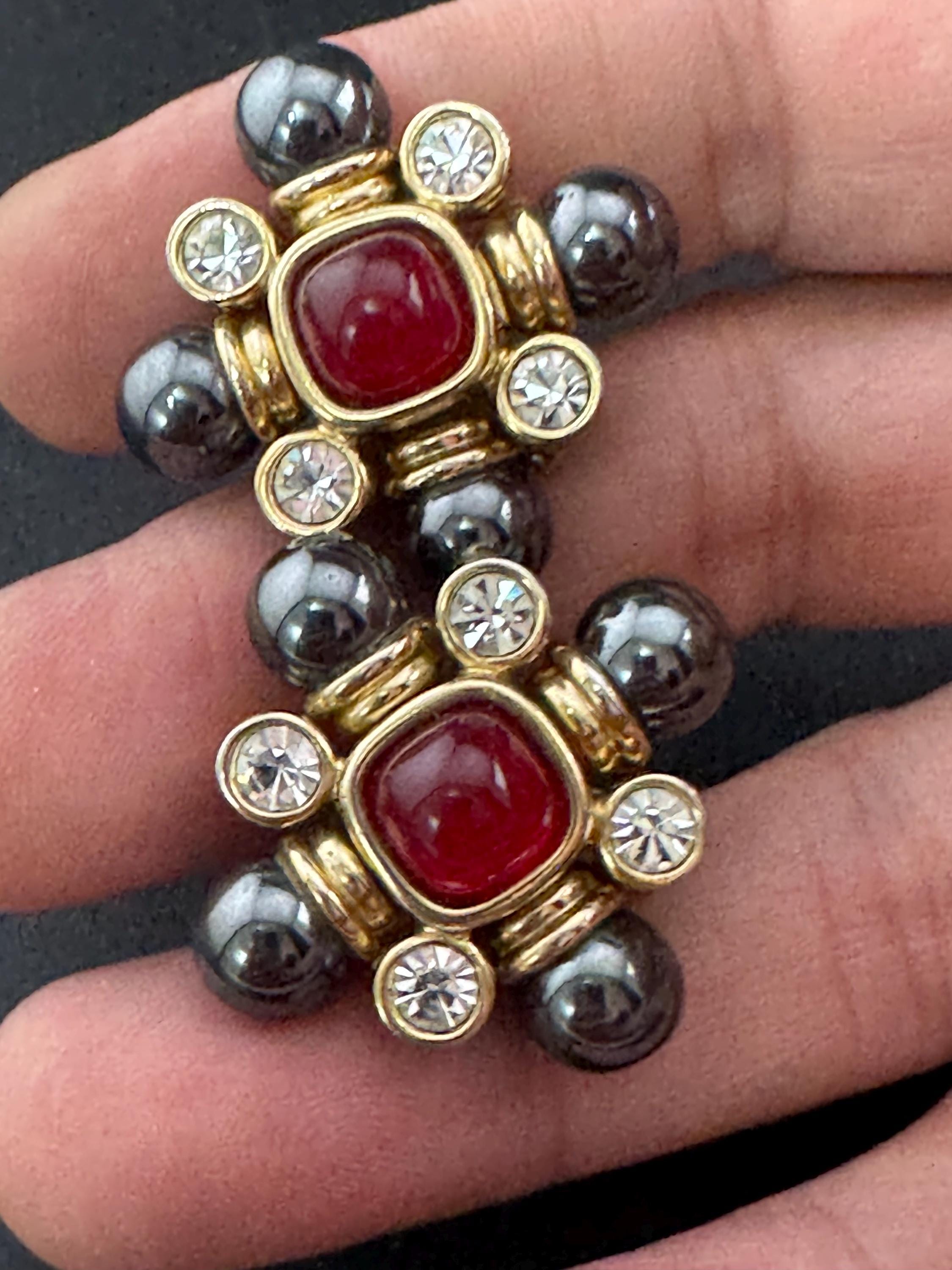 Vintage 1980s Cross Clip On Earrings: Grey Pearl, Red Cabochon, Diamanté, Gold Plated
