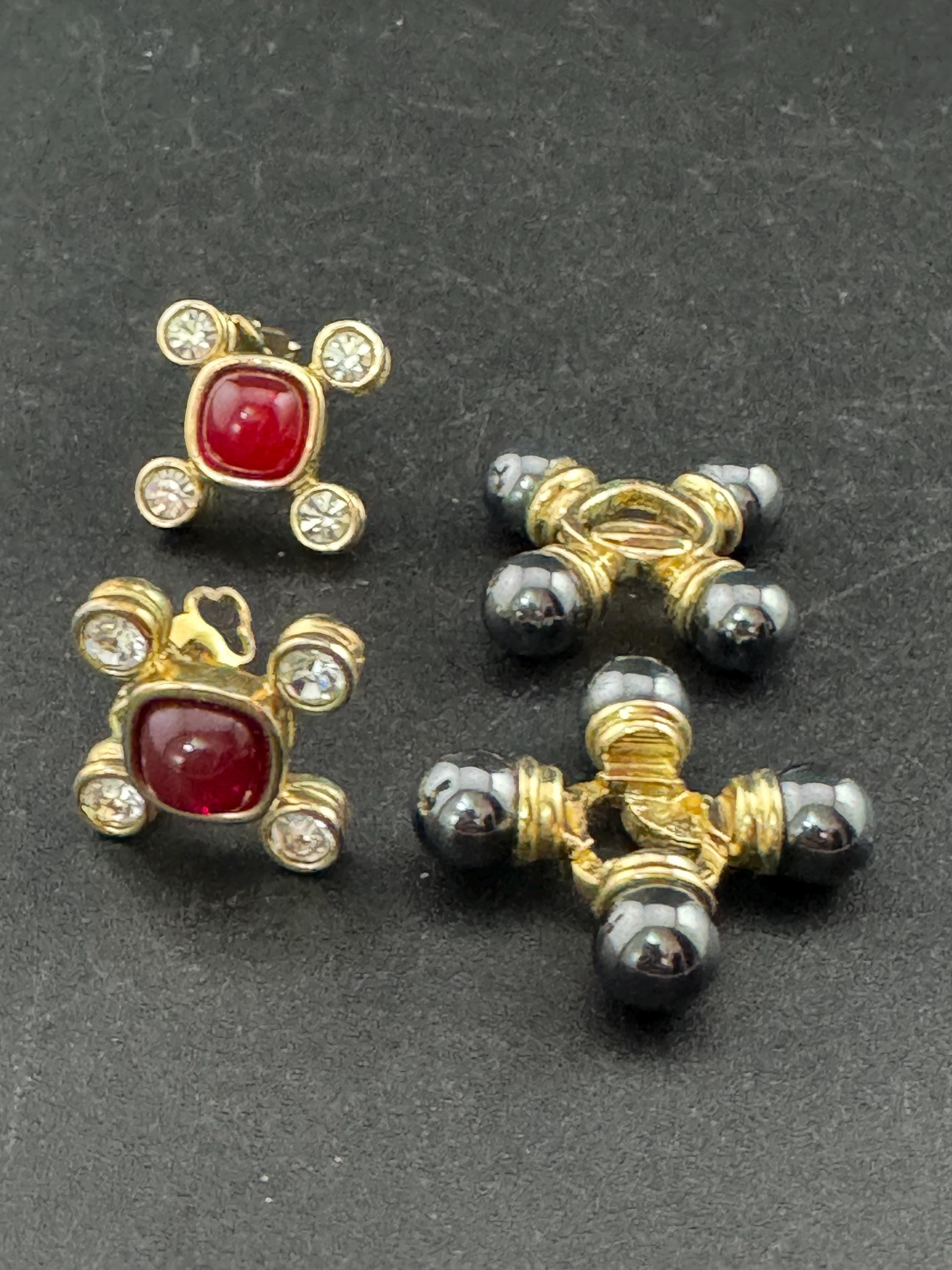 Vintage 1980s Cross Clip On Earrings: Grey Pearl, Red Cabochon, Diamanté, Gold Plated