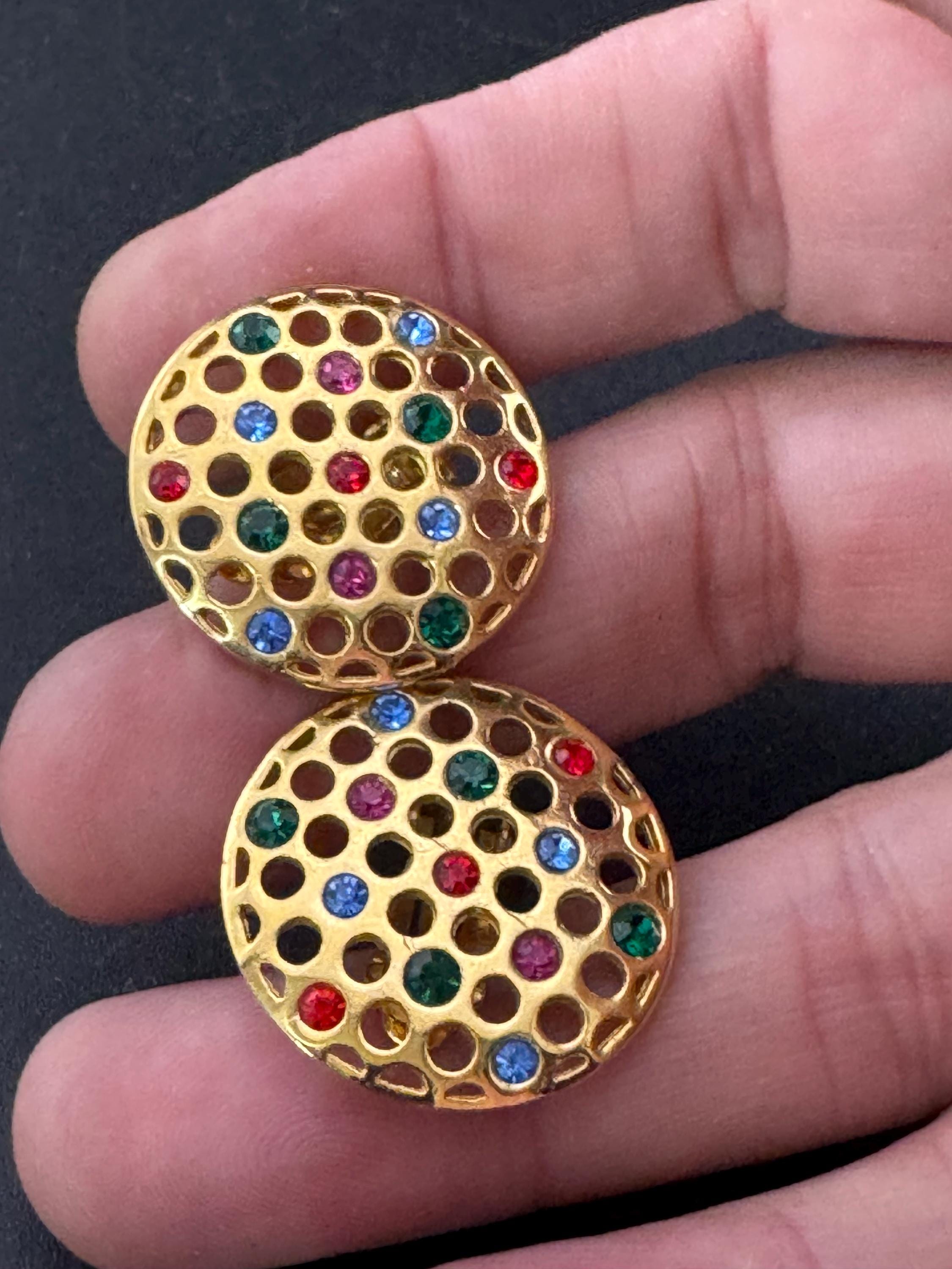 Vintage rainbow diamanté round disc clip on earrings, gold tone crystal set