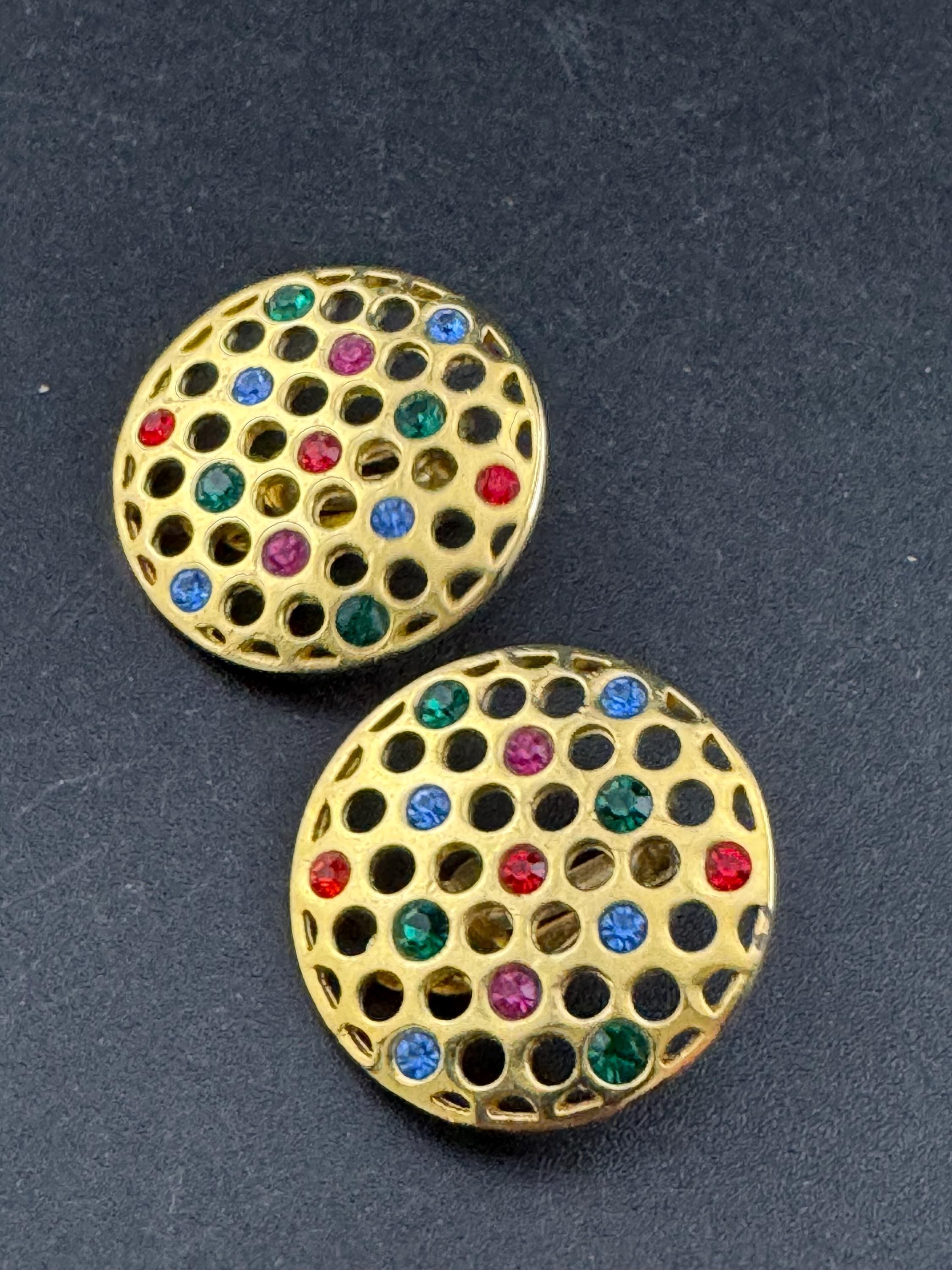 Vintage rainbow diamanté round disc clip on earrings, gold tone crystal set