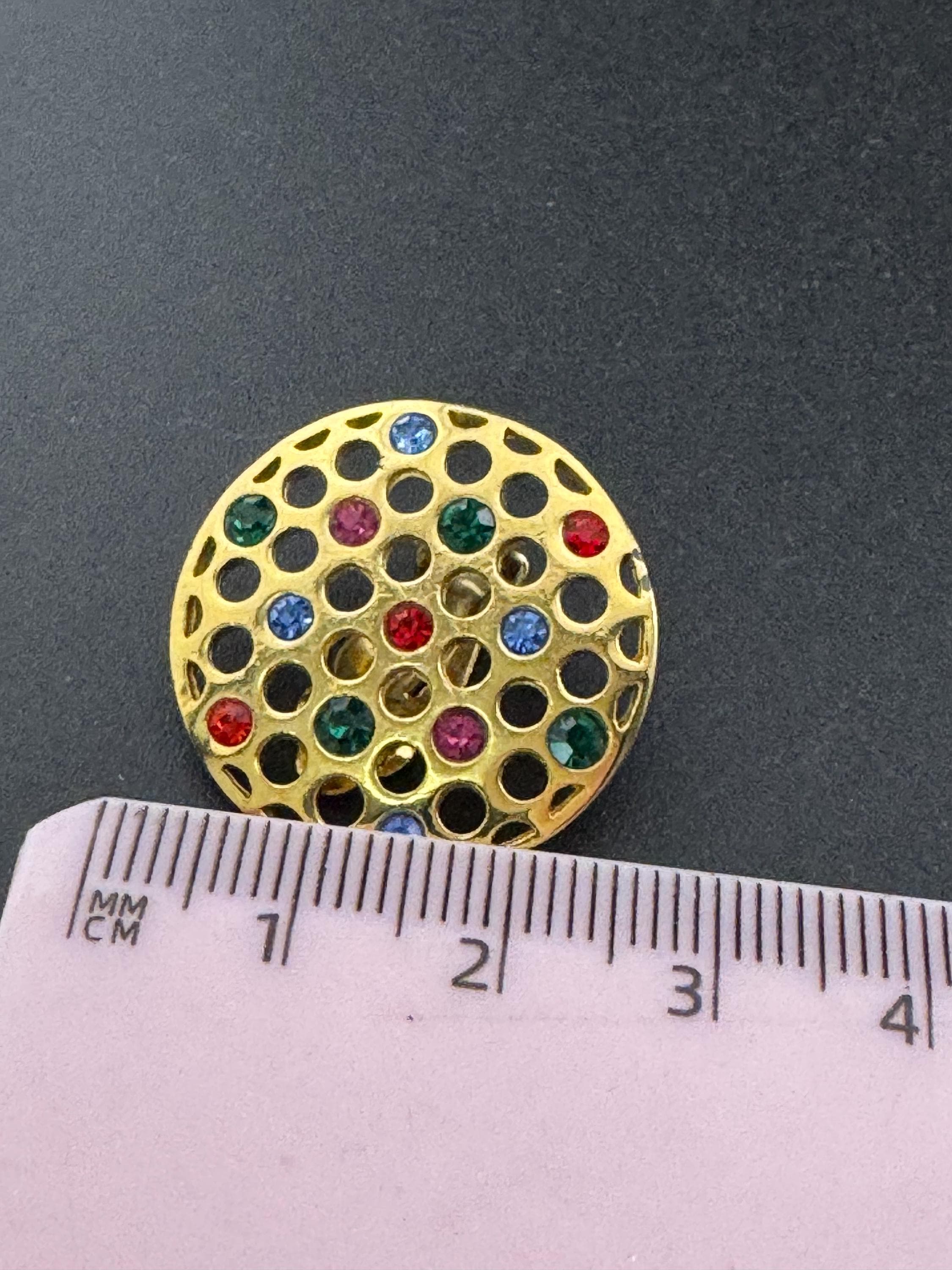 Vintage rainbow diamanté round disc clip on earrings, gold tone crystal set