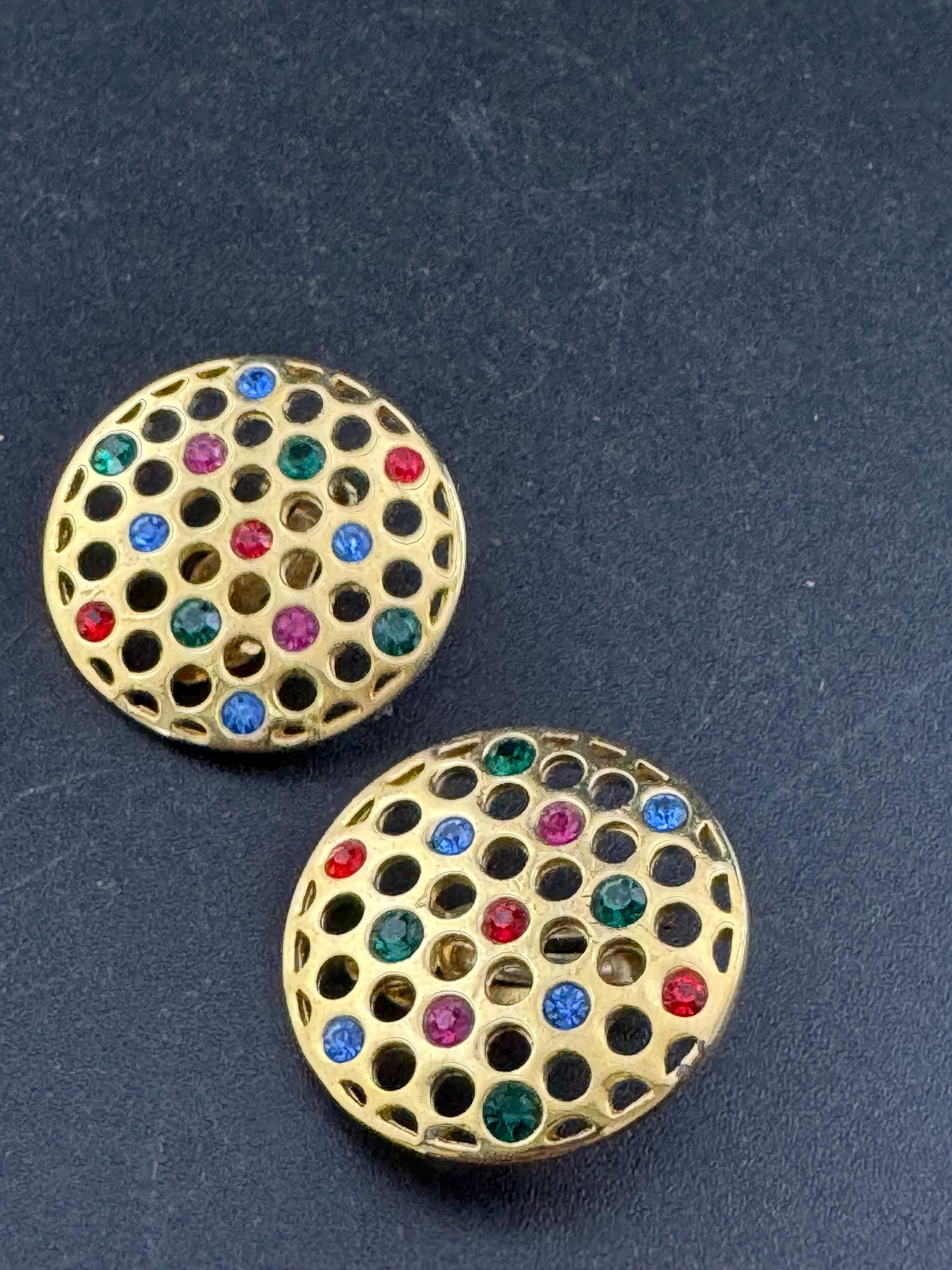 Vintage rainbow diamanté round disc clip on earrings, gold tone crystal set