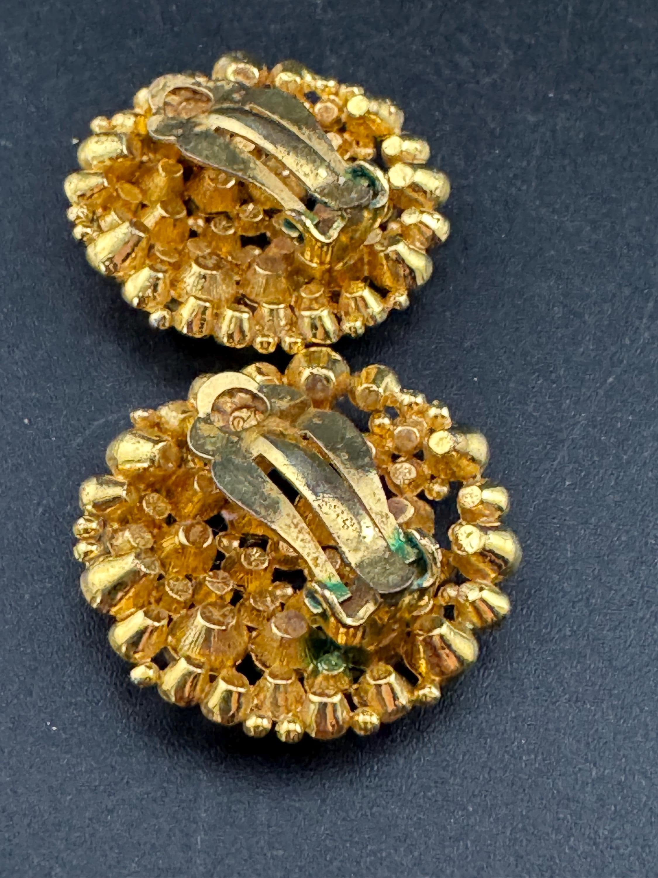 Vintage rainbow pastel diamanté round disc clip on earrings, gold tone crystal set 3.5cm