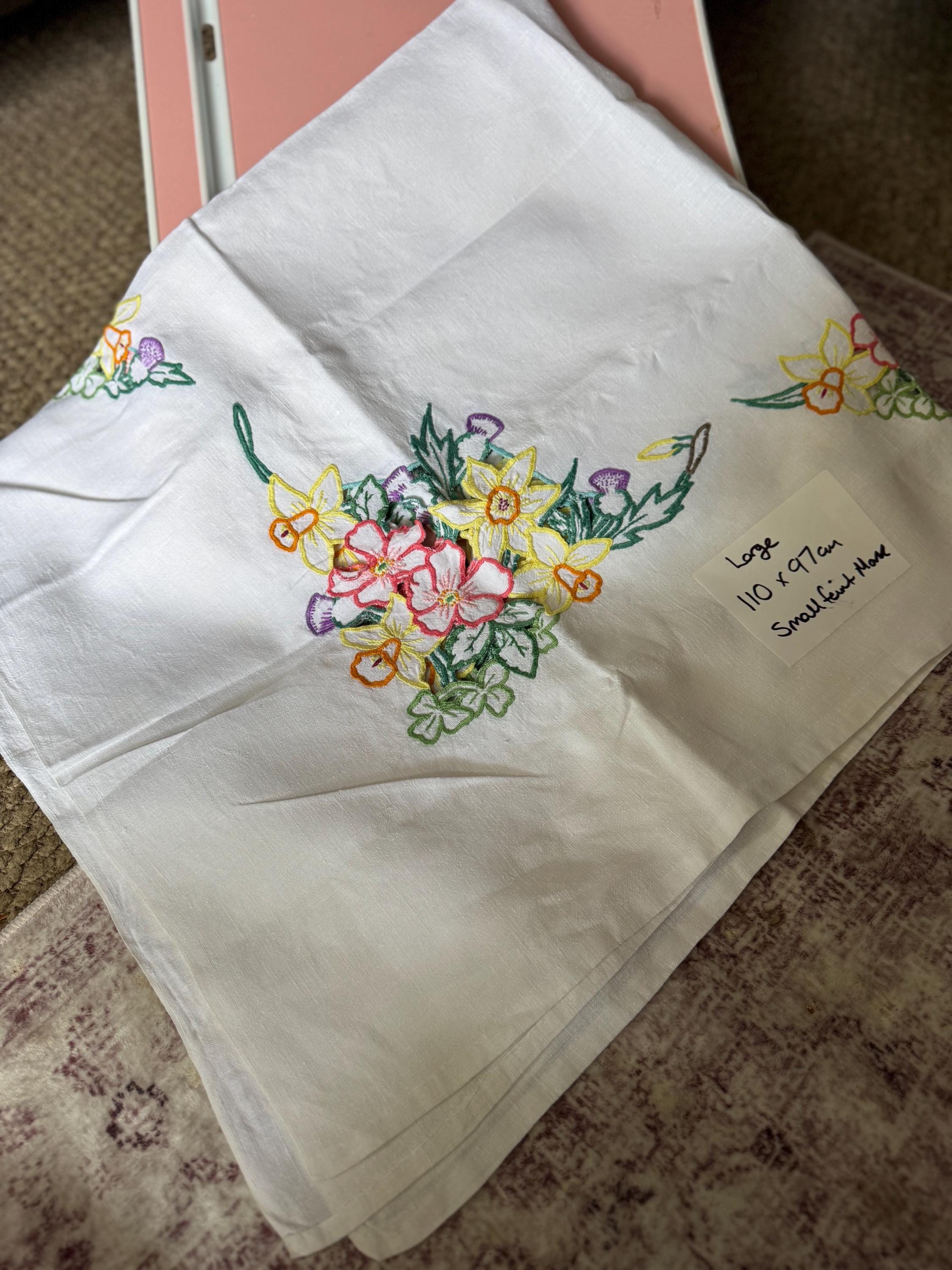Vintage Embroidered Floral Tablecloth: Mid-Century UK Embroidery