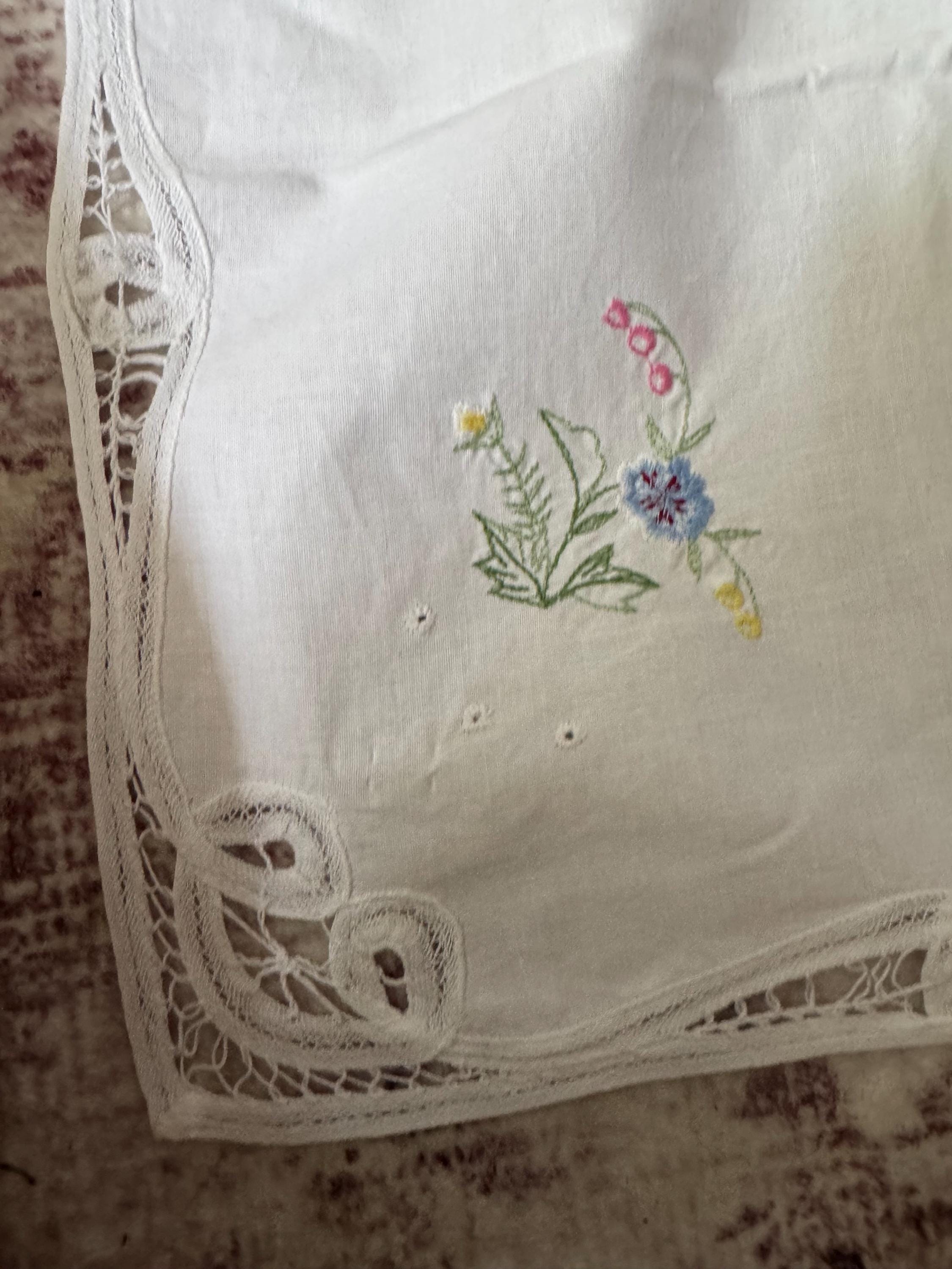 vintage 80cm square floral embroidered tablecloth , mid century tablecloths with purple blue green embroidery