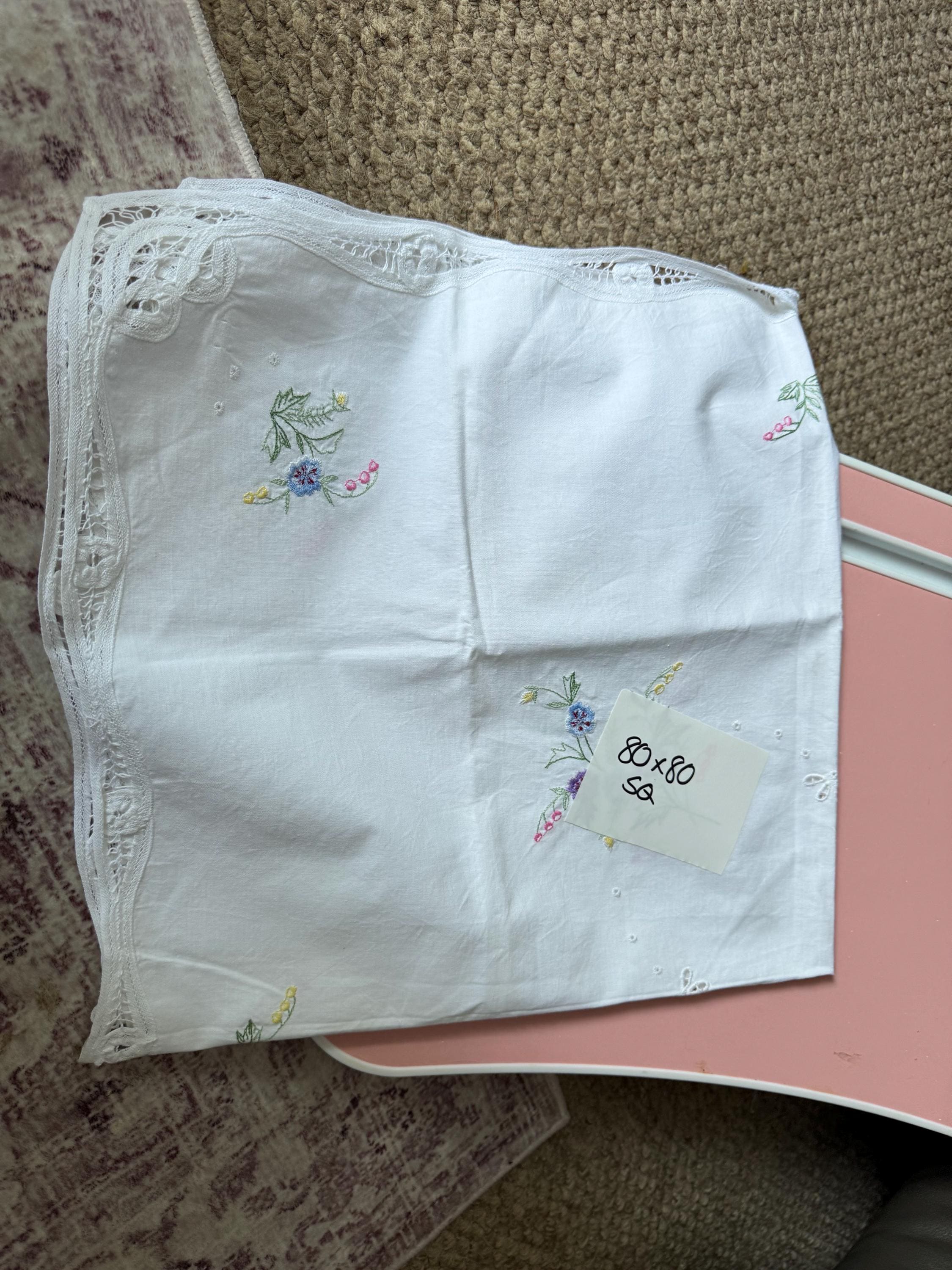 vintage 80cm square floral embroidered tablecloth , mid century tablecloths with purple blue green embroidery