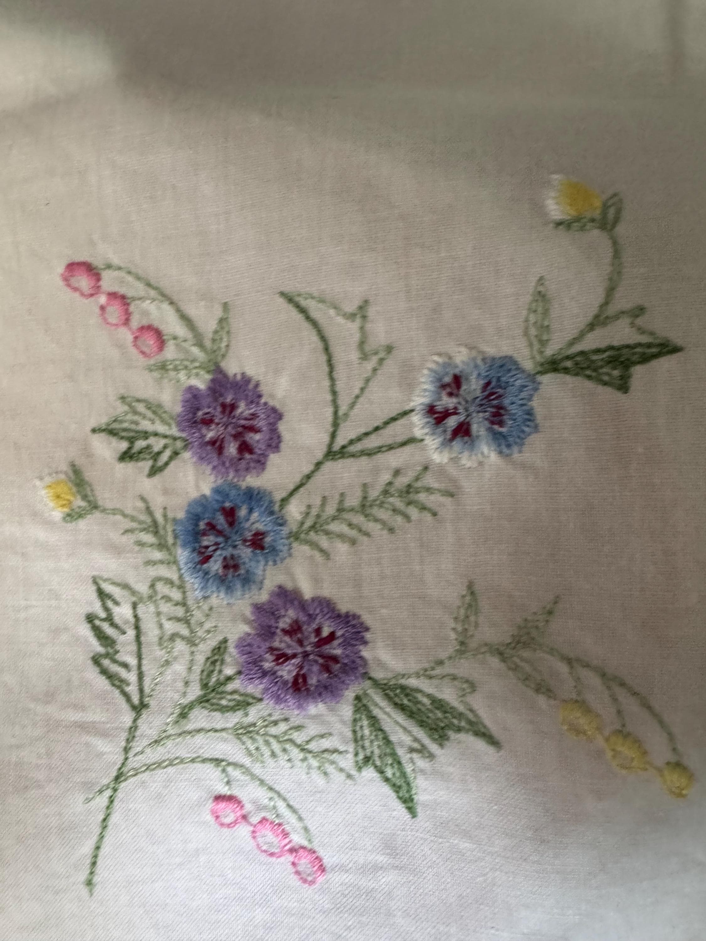 vintage 80cm square floral embroidered tablecloth , mid century tablecloths with purple blue green embroidery