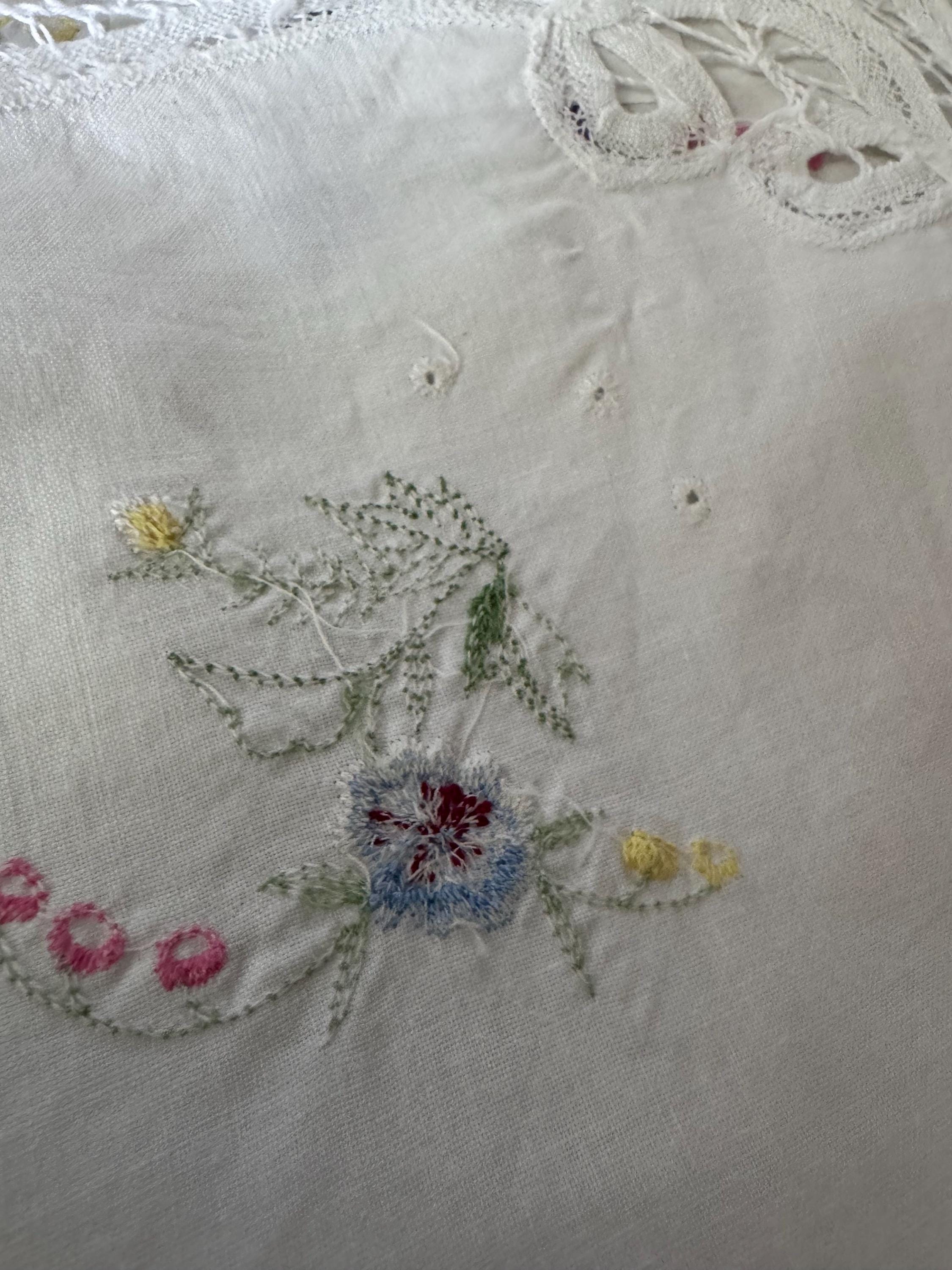 vintage 80cm square floral embroidered tablecloth , mid century tablecloths with purple blue green embroidery