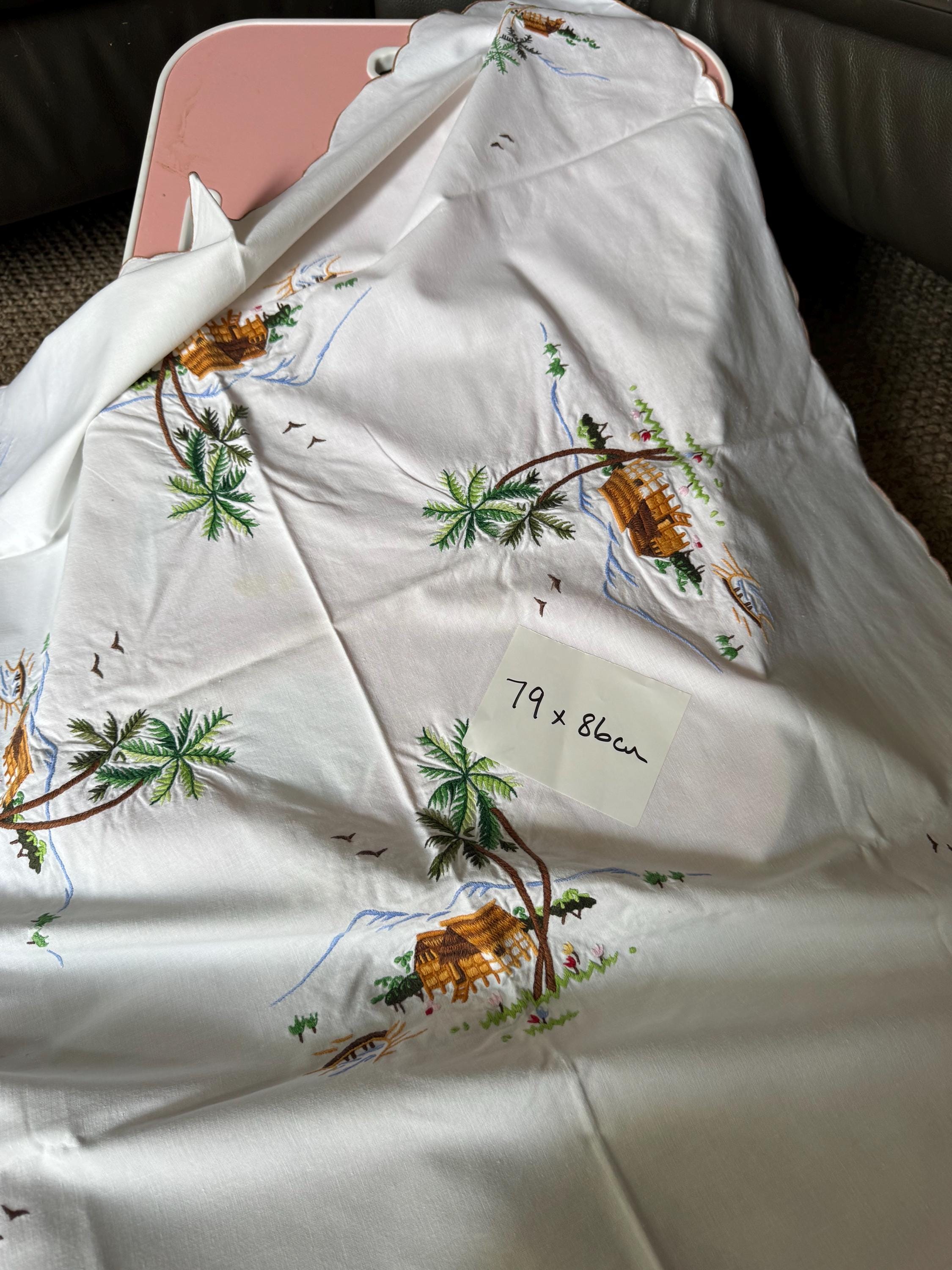 79 x 86 near square white blue green palm tree Chinese embroidered cotton oriental boat scene tablecloth chateau cottage Japanese
