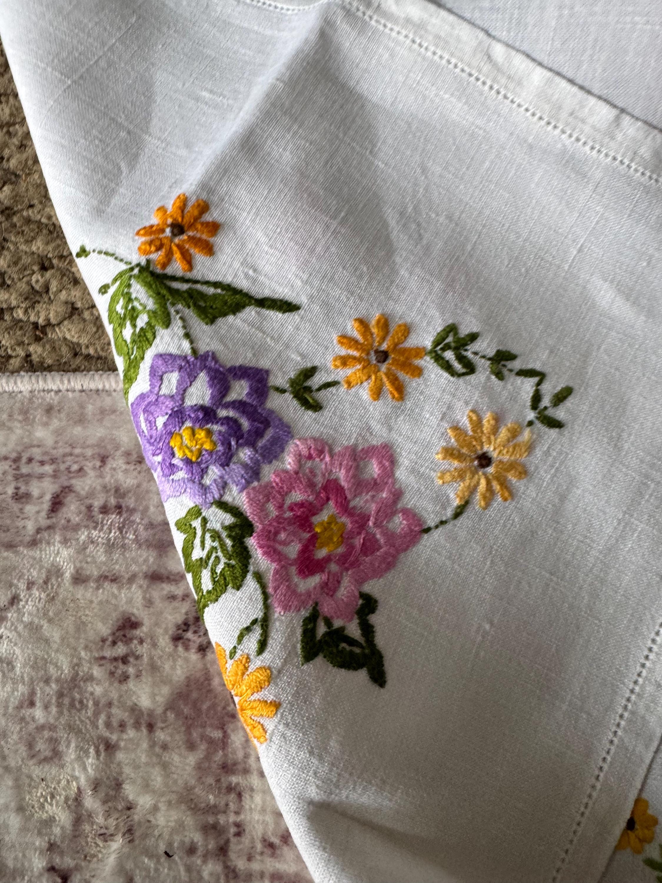 Vintage Embroidered Floral Tablecloth: Pastel Pink, Green & Yellow