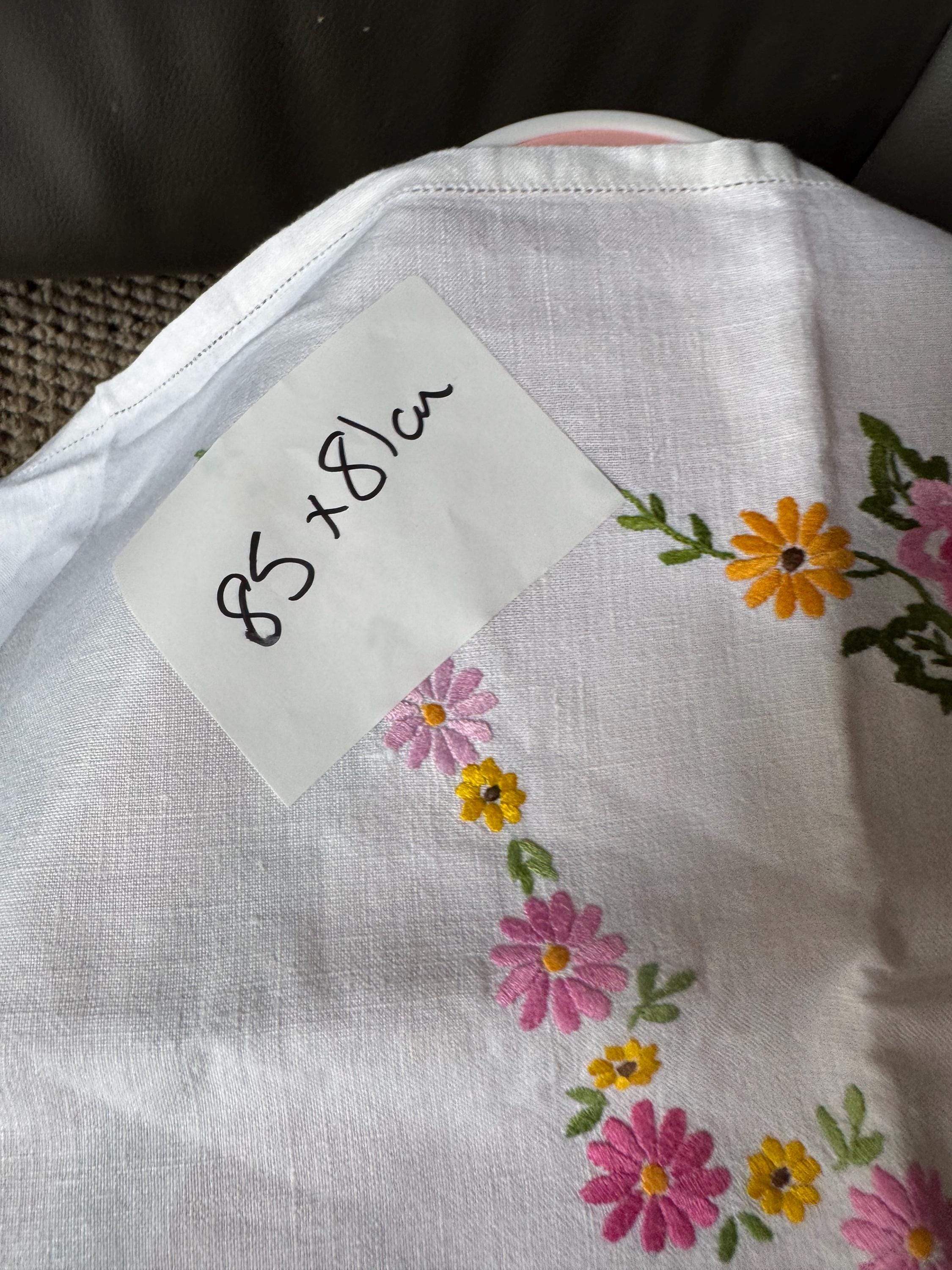 Vintage Embroidered Floral Tablecloth: Pastel Pink, Green & Yellow