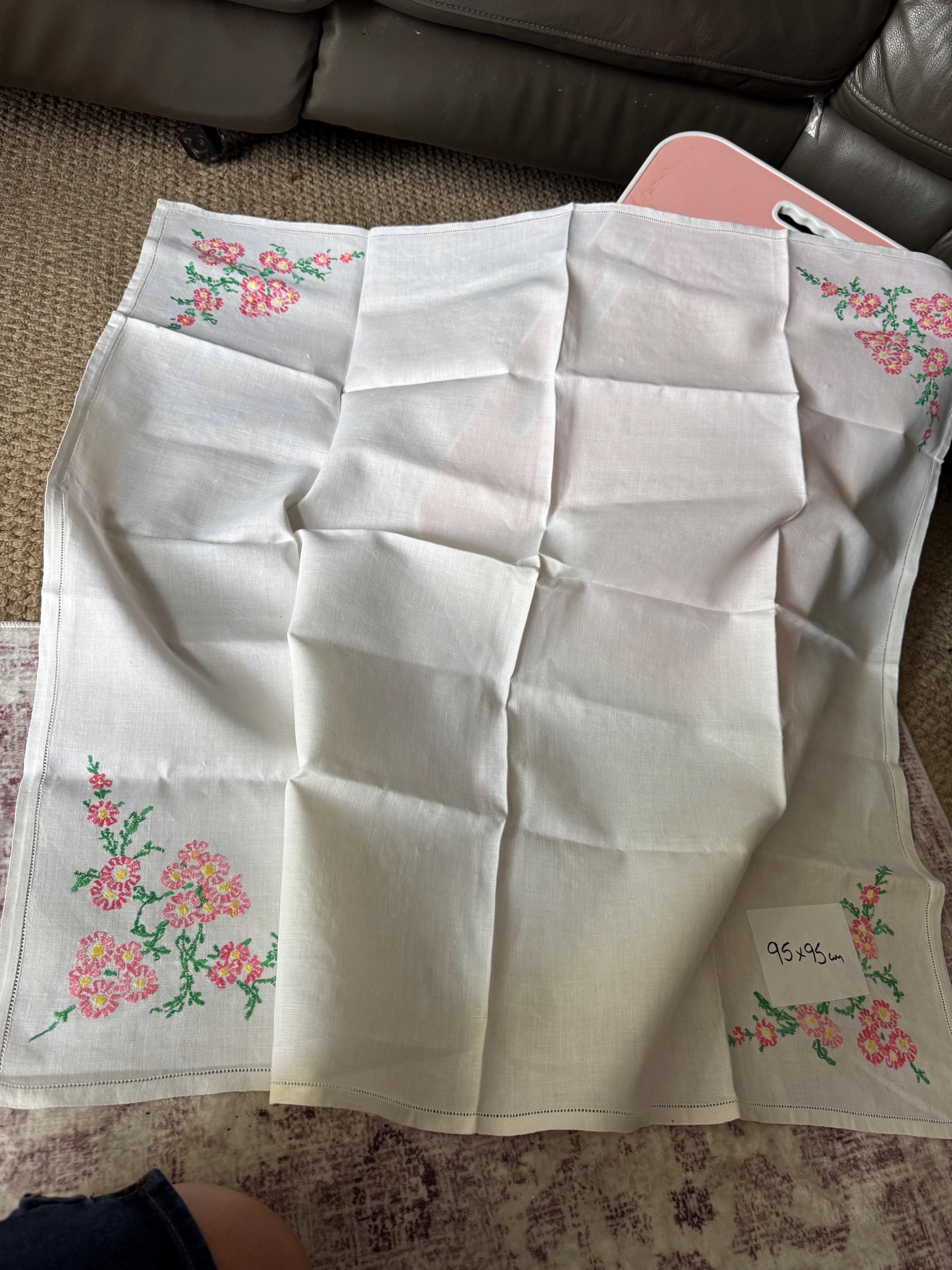 vintage 95cm square pink green floral embroidered linen tablecloth , mid century tablecloths , embroidery work