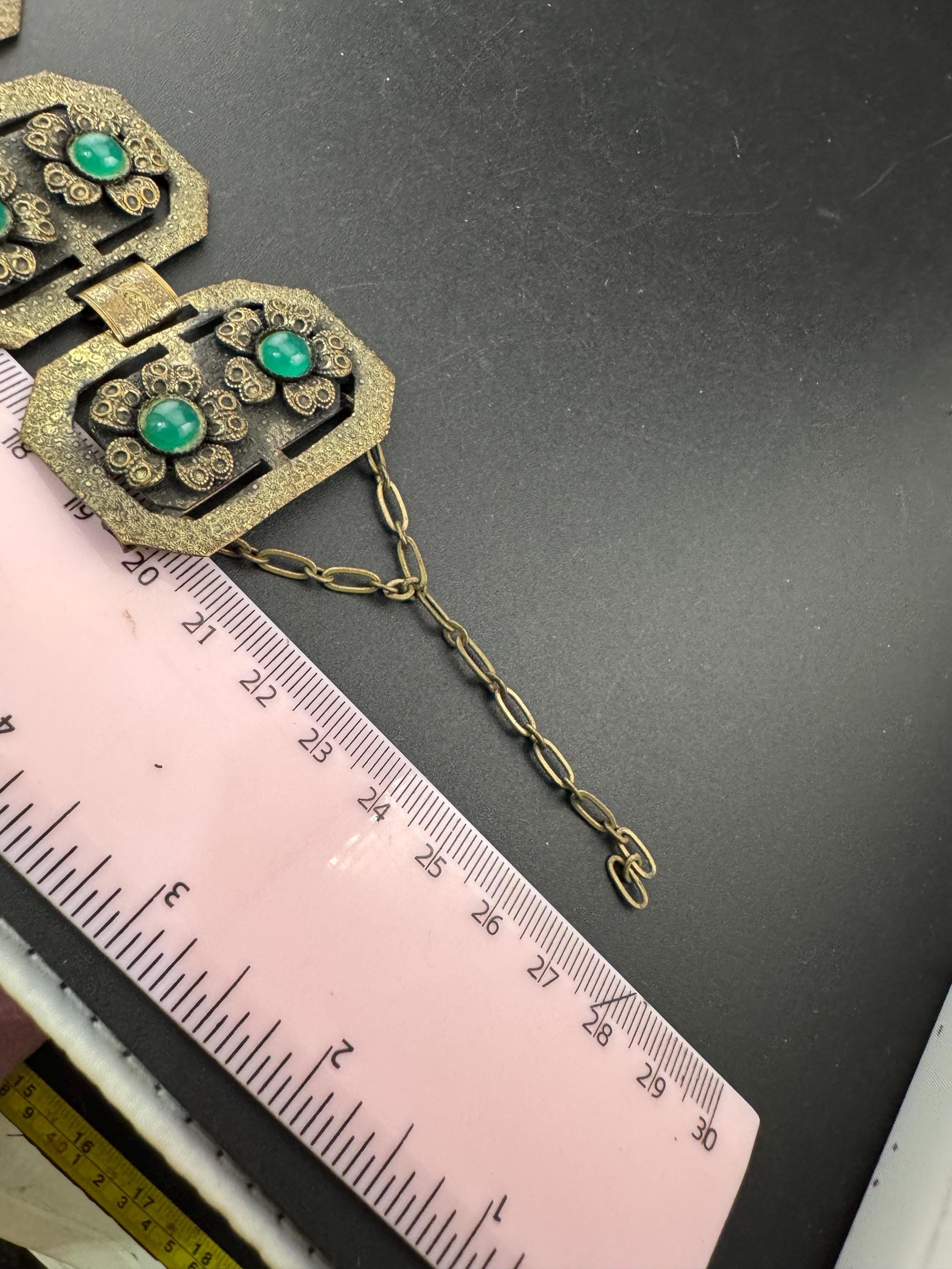 Gray Kingsburg art deco Uranium UV reactive Czech Green cabochon brass panel link wide bracelet