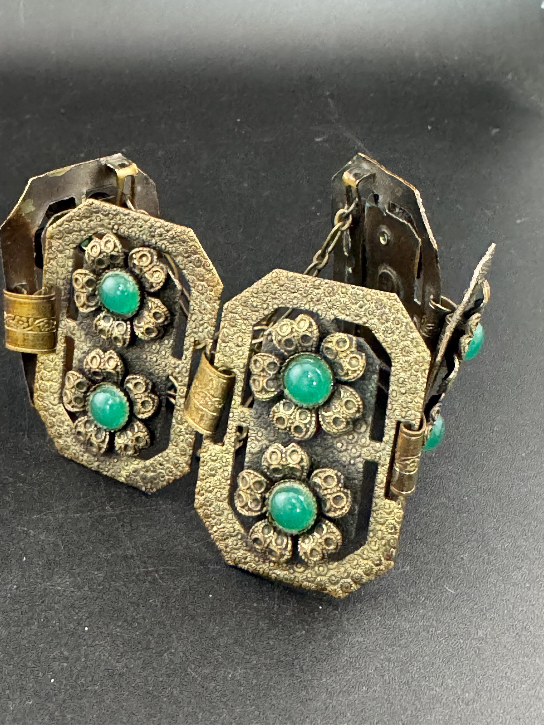 Gray Kingsburg art deco Uranium UV reactive Czech Green cabochon brass panel link wide bracelet