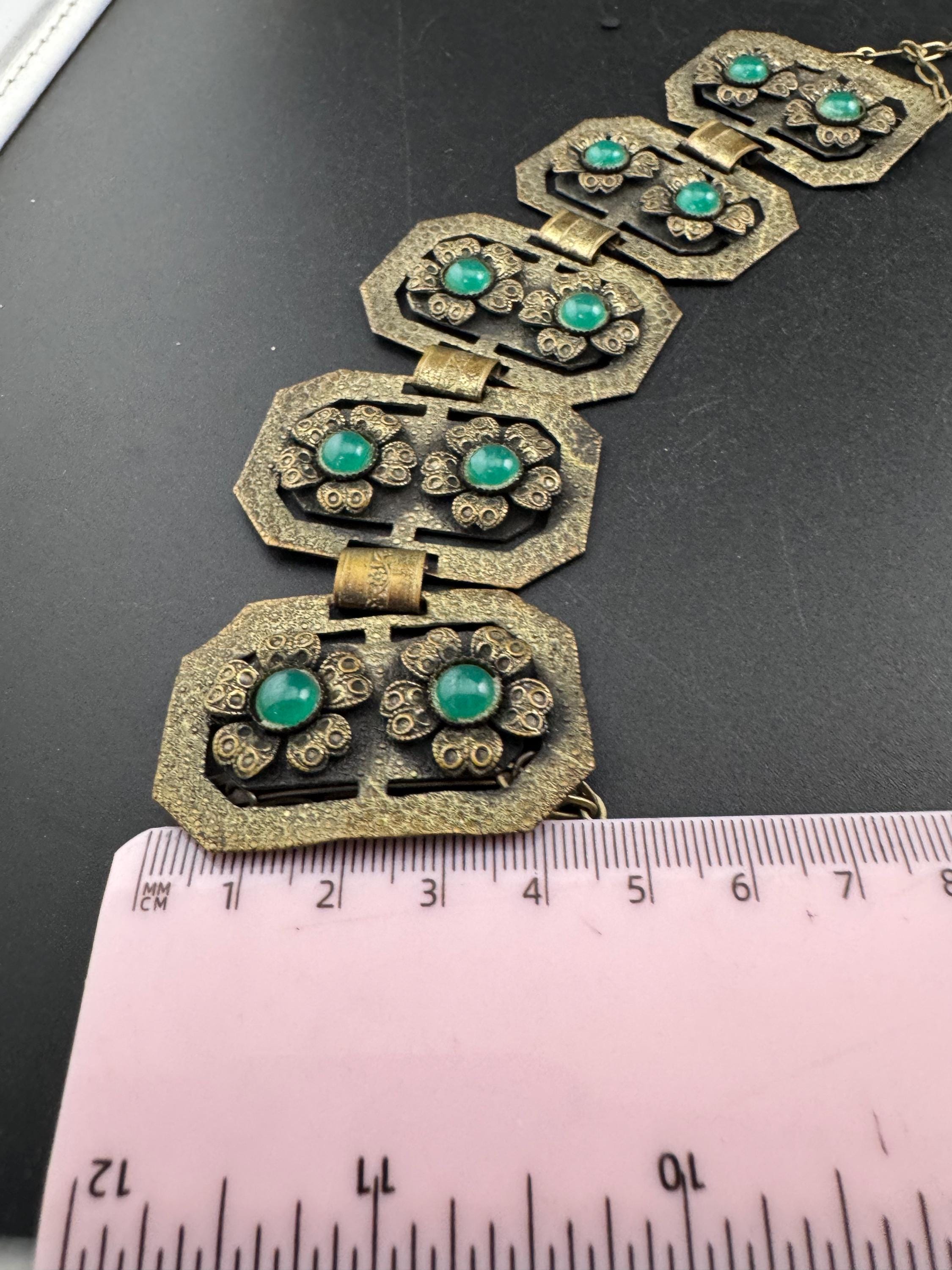Gray Kingsburg art deco Uranium UV reactive Czech Green cabochon brass panel link wide bracelet