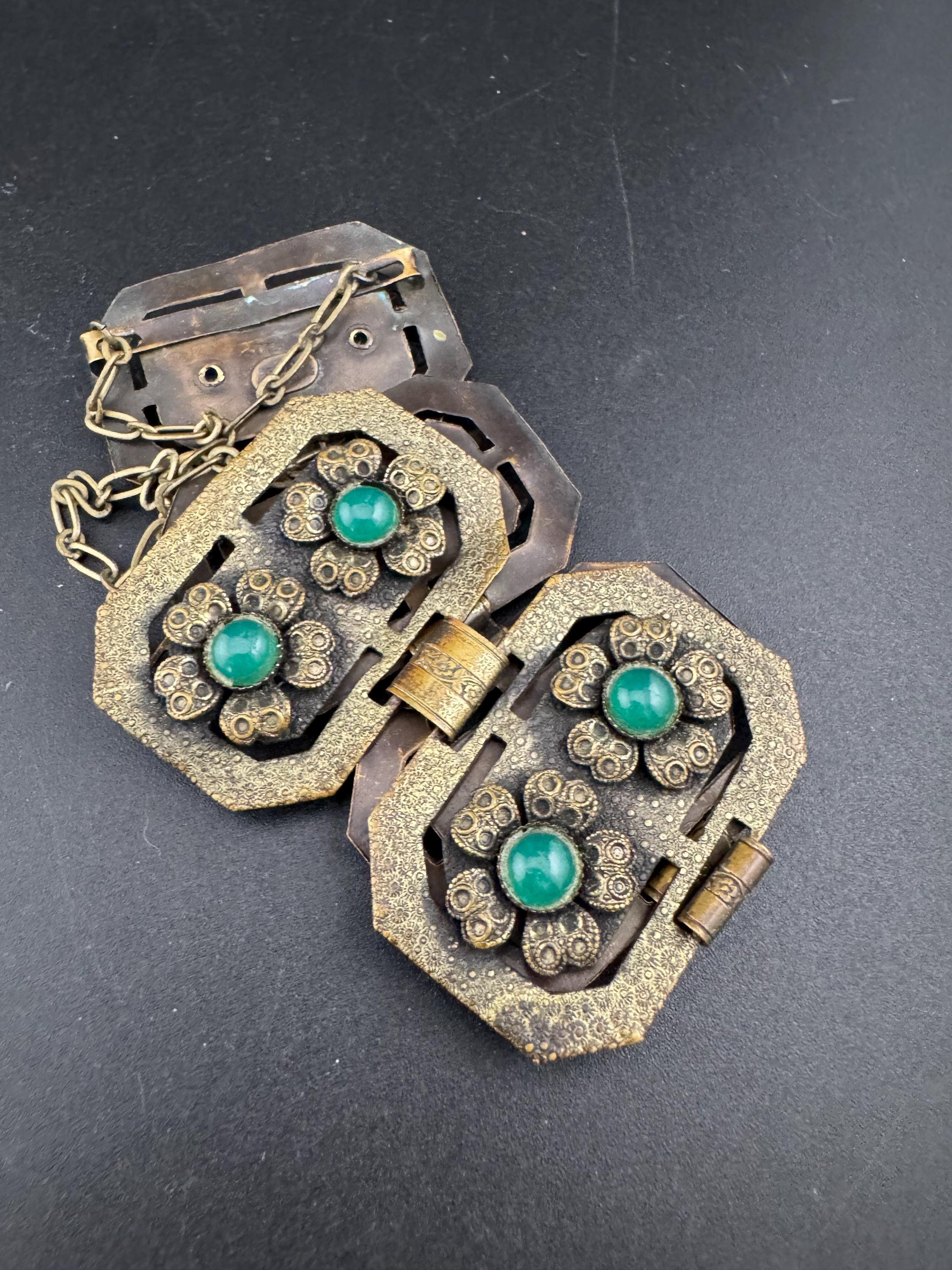 Gray Kingsburg art deco Uranium UV reactive Czech Green cabochon brass panel link wide bracelet