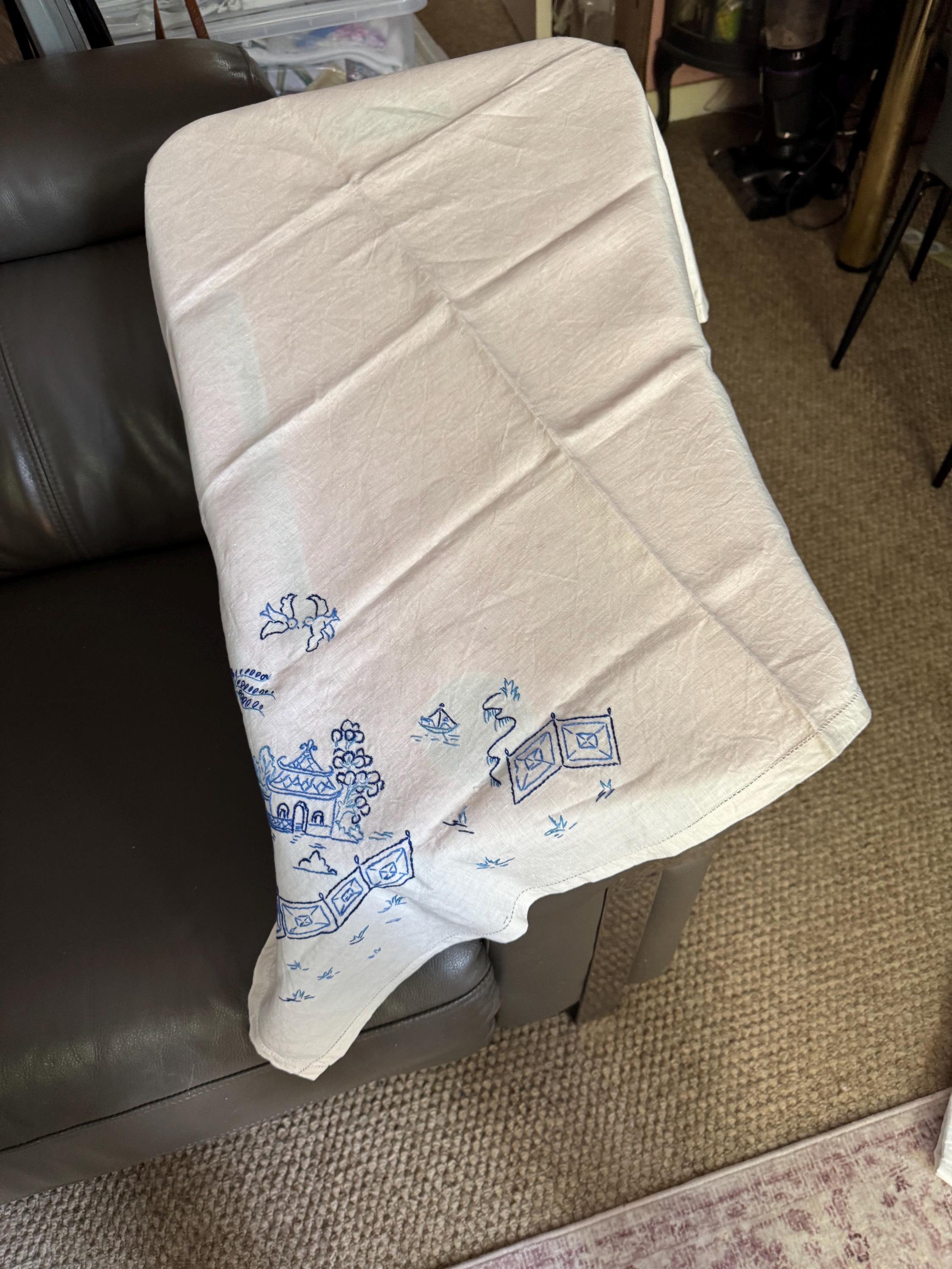 Hand Embroidered Floral Pagoda Tablecloth - Chinese Japanese Style (108 x 103cm)