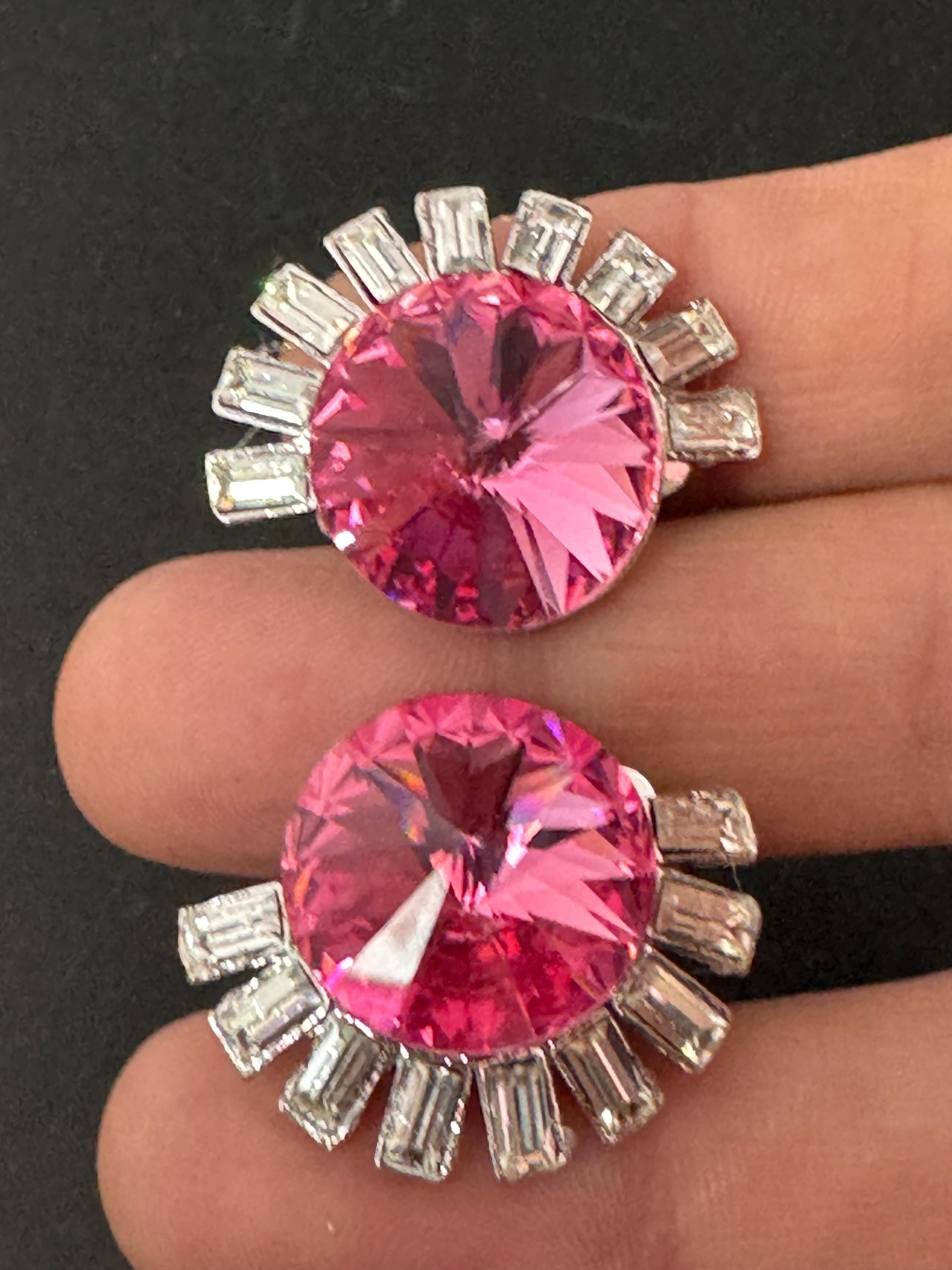 vintage oversized 3cm silver tone pink and clear Swarovski rivoli crystal clip on earrings