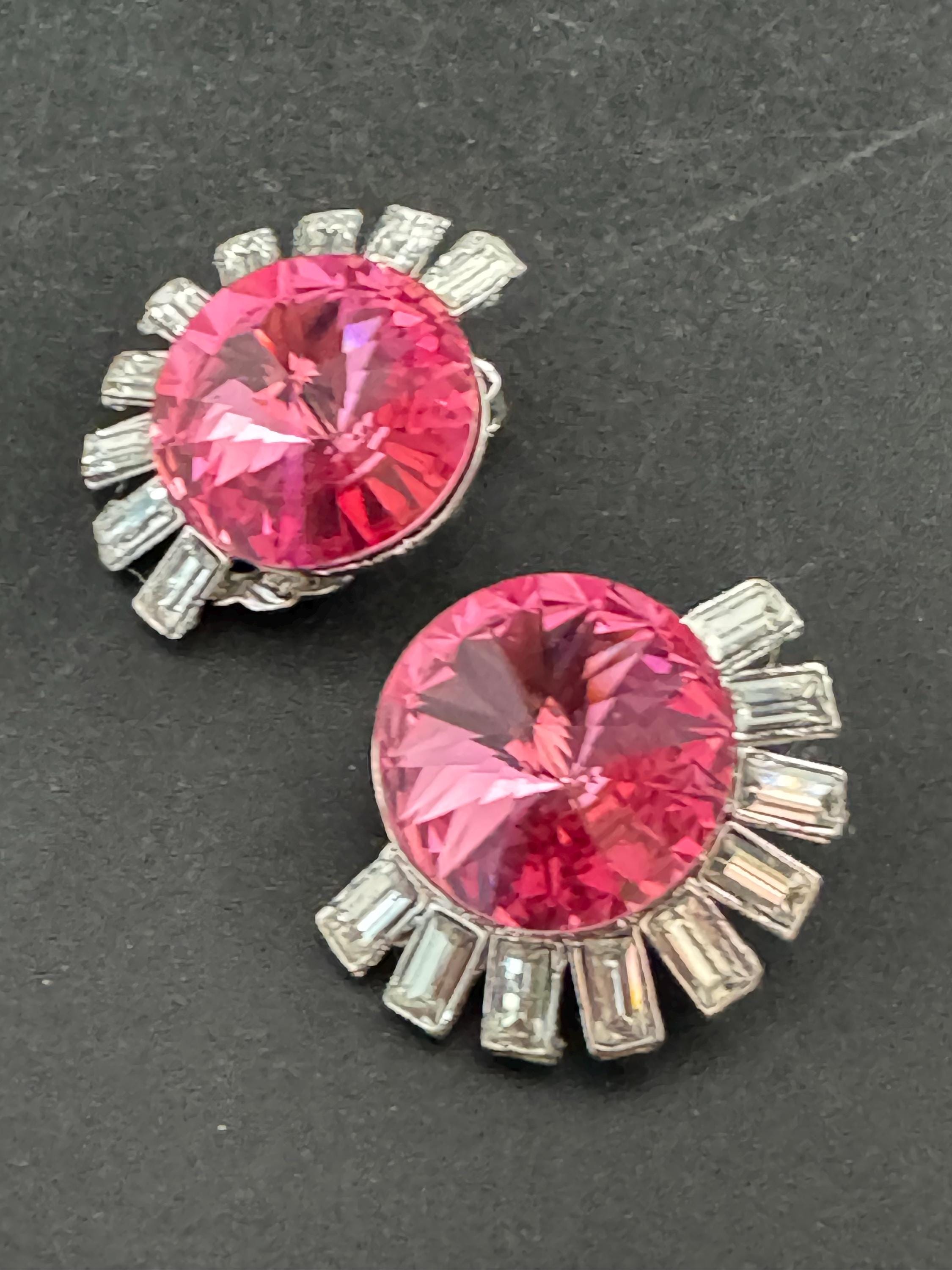 vintage oversized 3cm silver tone pink and clear Swarovski rivoli crystal clip on earrings