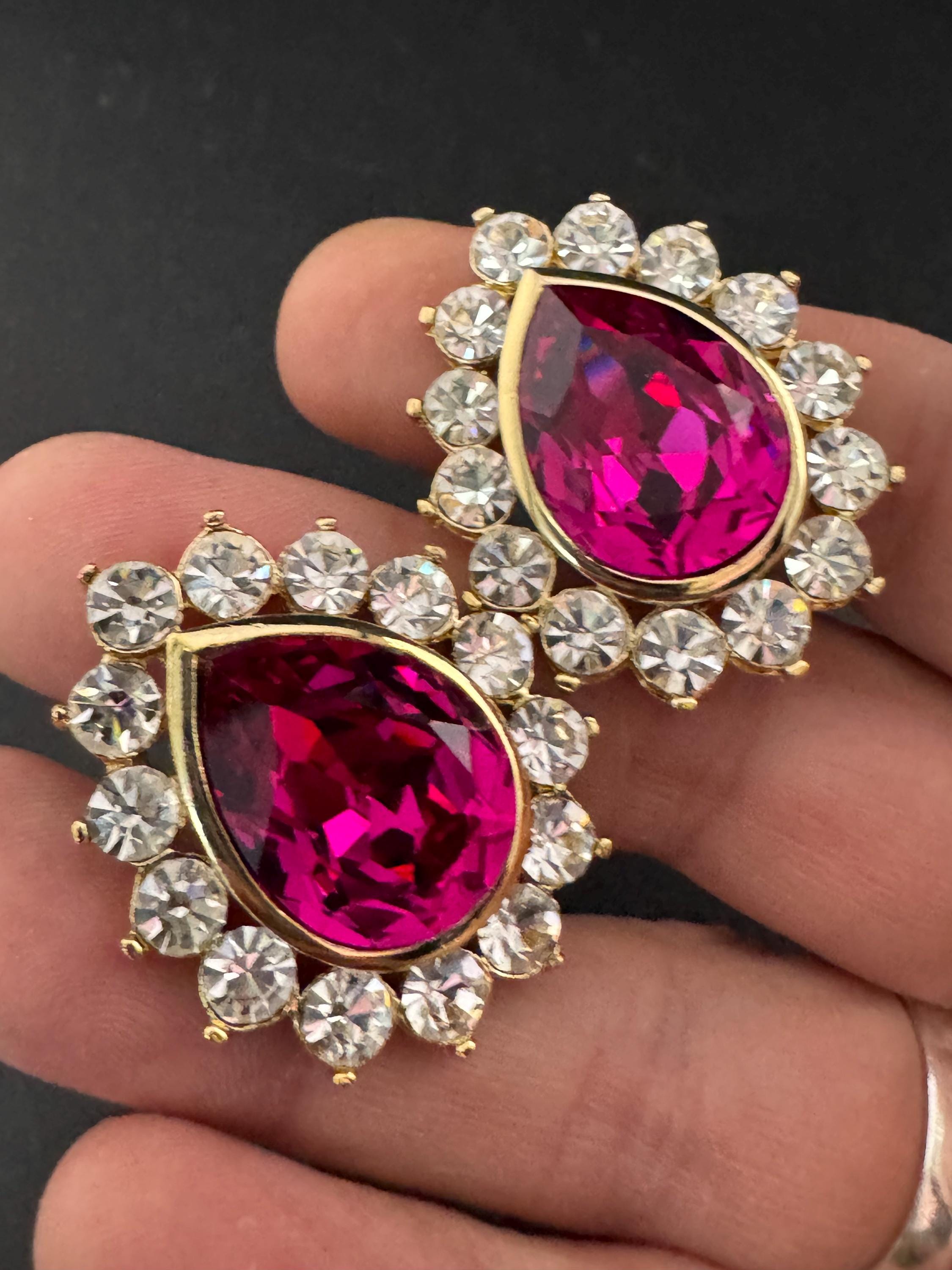 Oversized pink Swarovski Crystal Clip On Earrings: Vintage 1980s Gold Tone