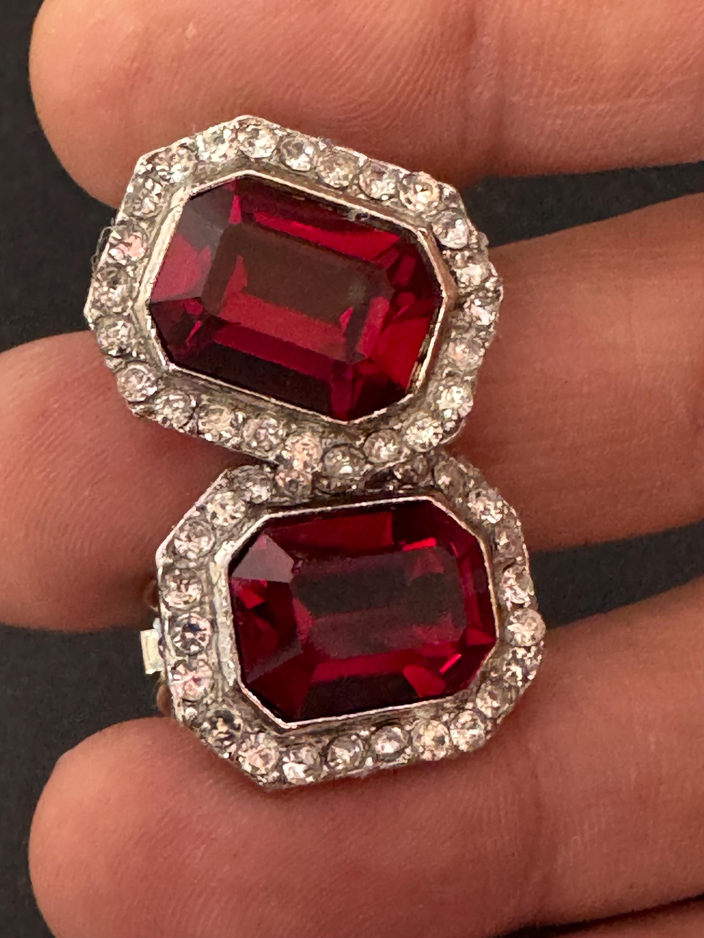 2cm clear and ruby red genuine Swarovski crystal octagon clip on earrings, silver tone