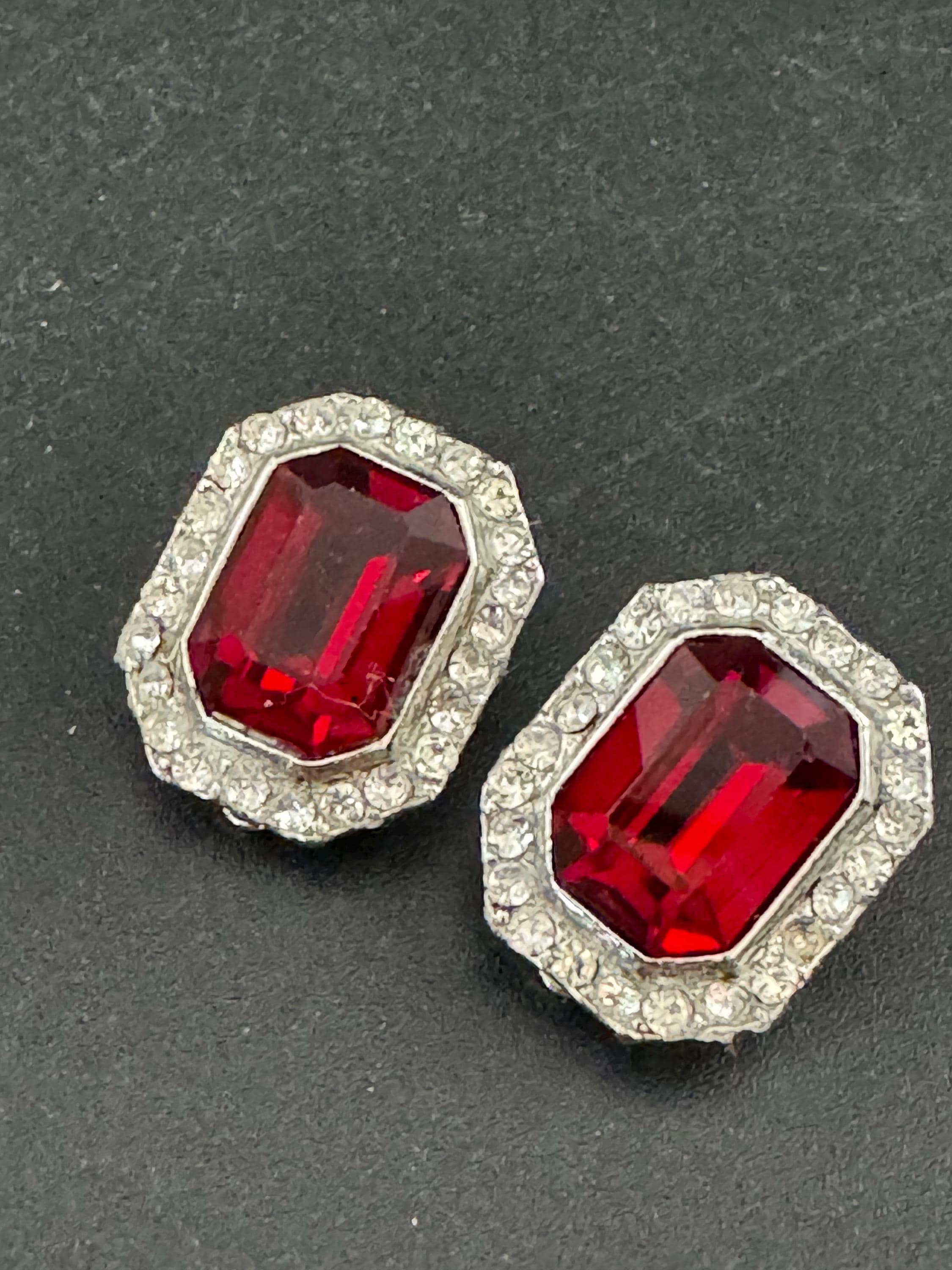 2cm clear and ruby red genuine Swarovski crystal octagon clip on earrings, silver tone