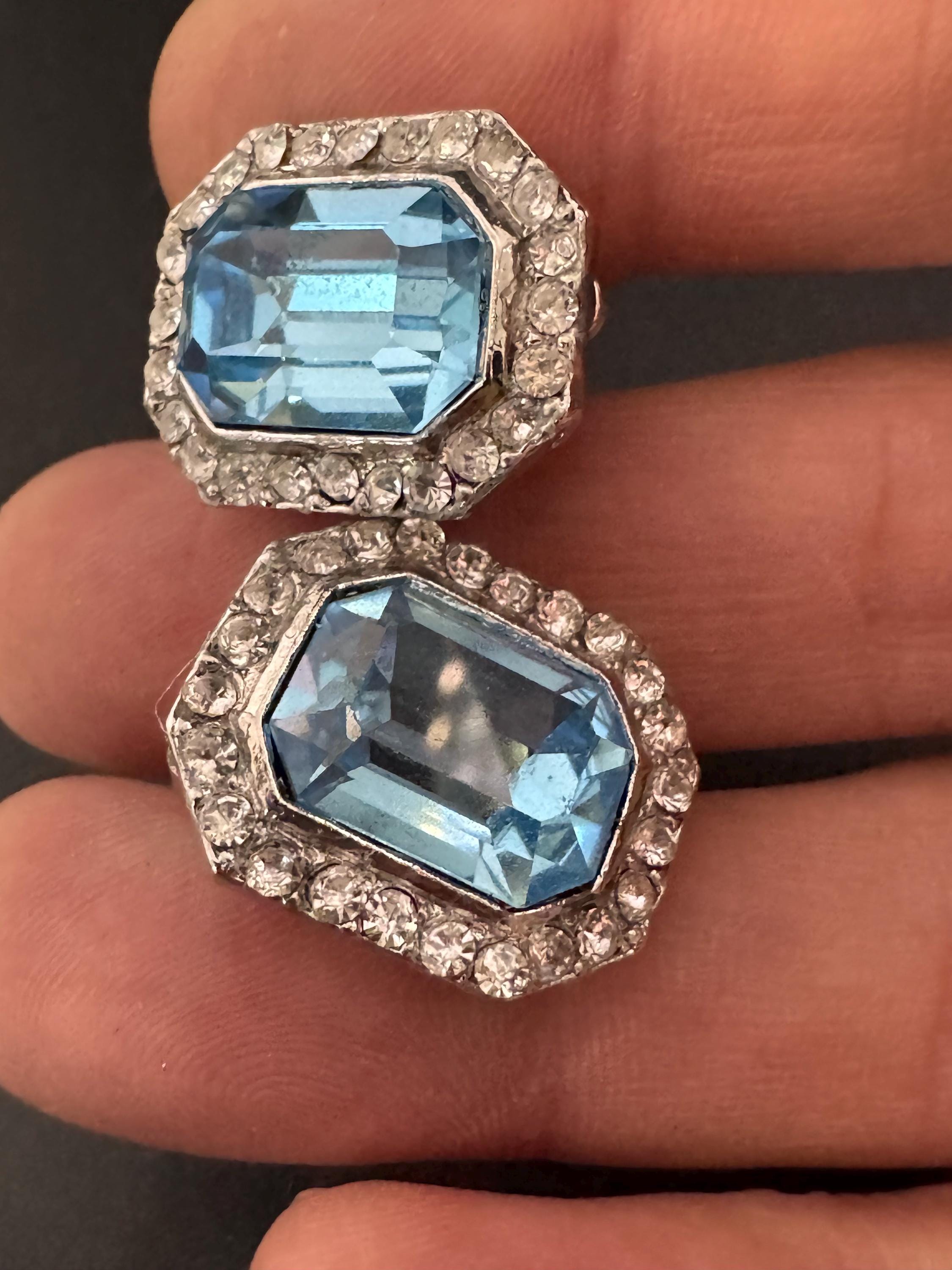 2cm clear and light sapphire blue Swarovski crystal octagon clip on earrings 1980s