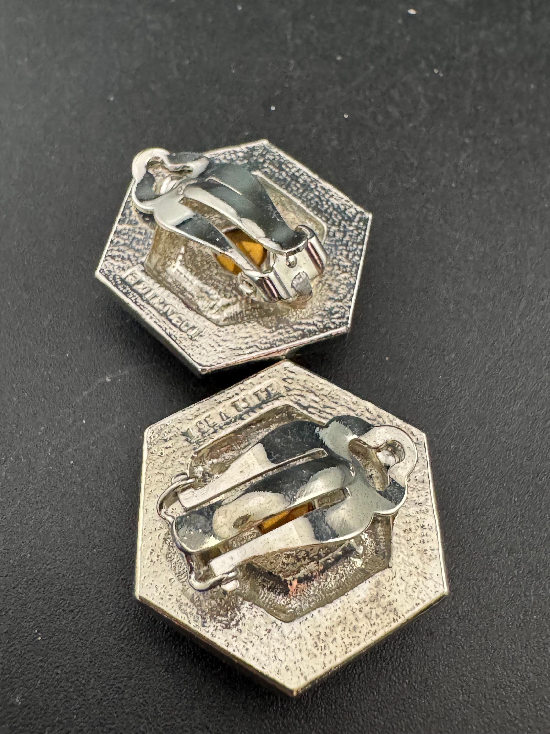 vintage silver tone sapphire blue and and clear Swarovski crystal hexagon earrings 1980s
