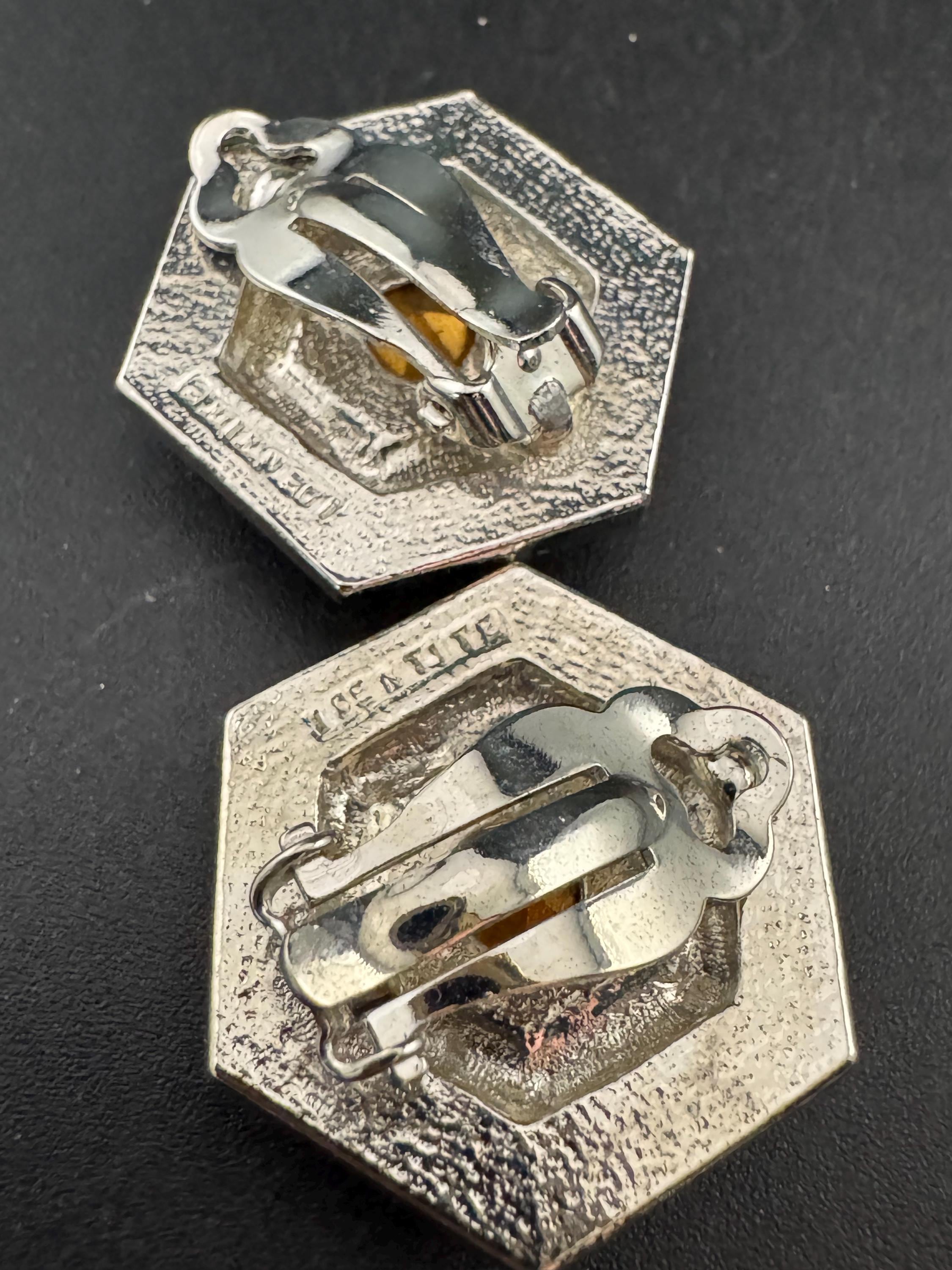 vintage silver tone sapphire blue and and clear Swarovski crystal hexagon earrings 1980s