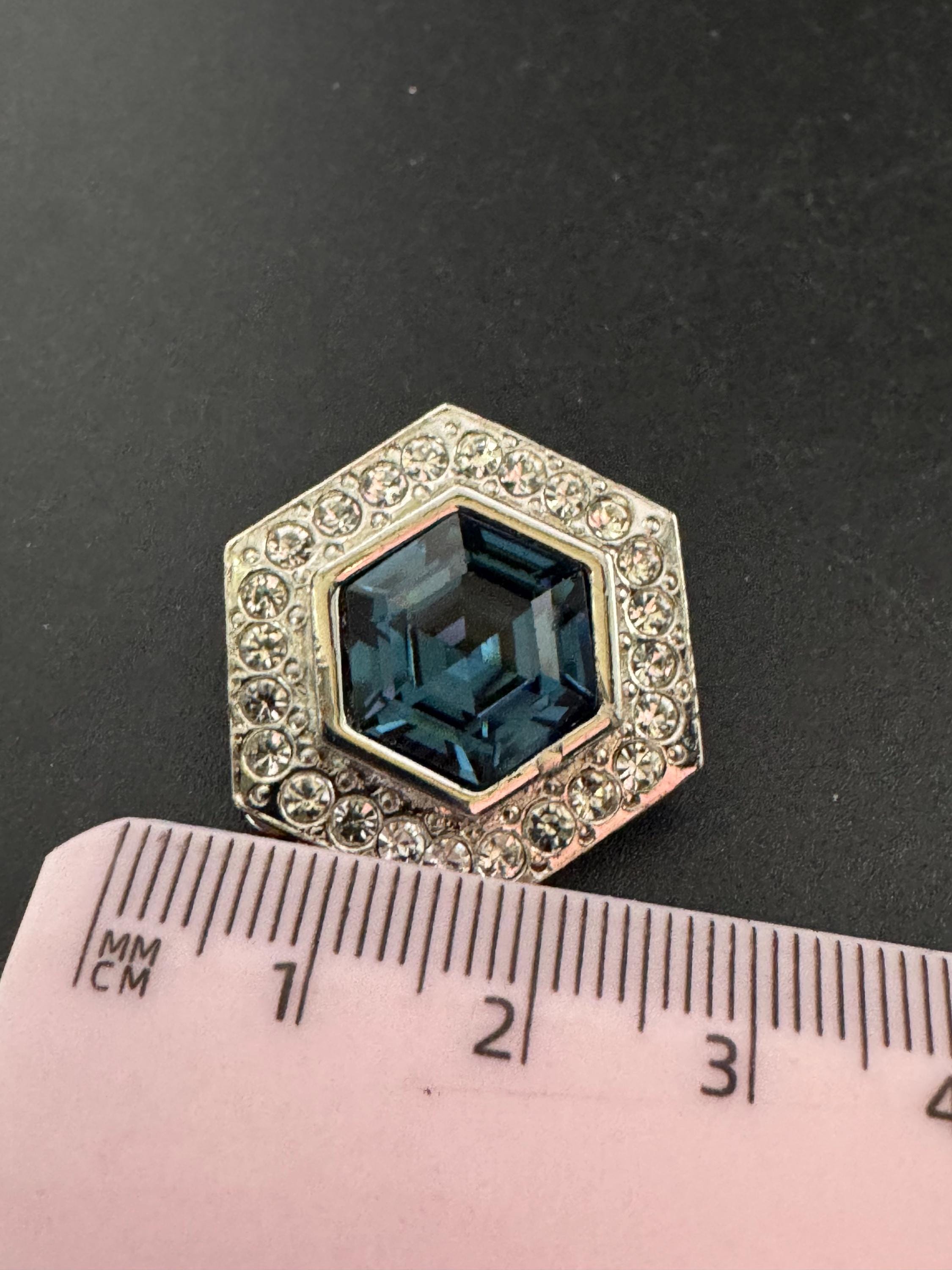 vintage silver tone sapphire blue and and clear Swarovski crystal hexagon earrings 1980s