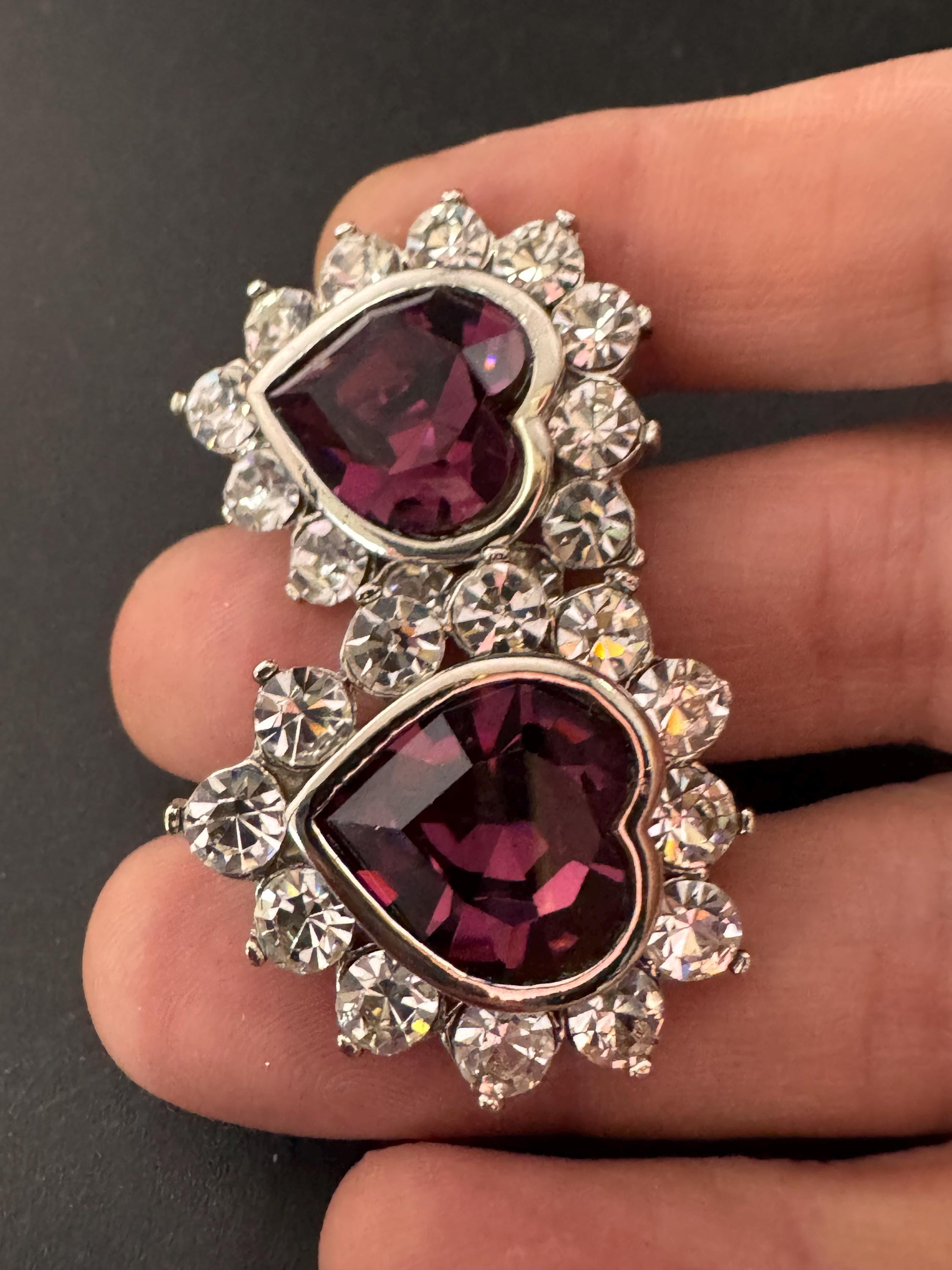 Vintage Oversized Swarovski Crystal Heart Stud Earrings: 1980s Silver Tone