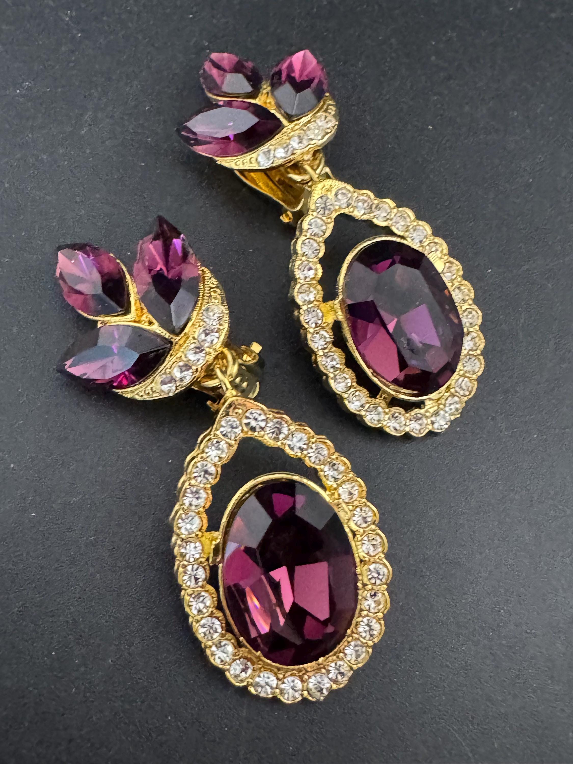 Oversized Swarovski Crystal Drop Earrings: Vintage 1980s Gold Tone